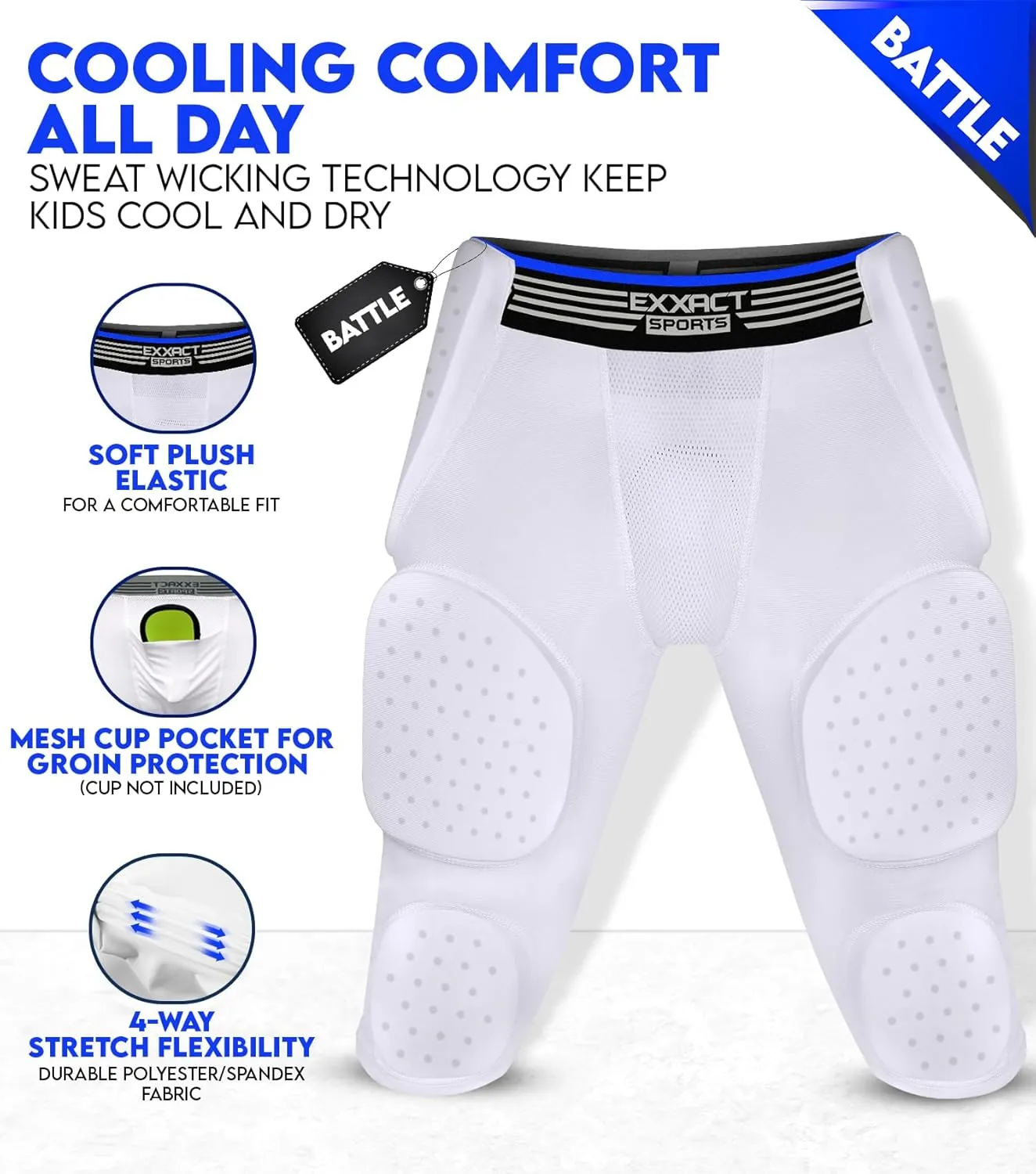 Exxact Sports Battle 7-Pad Football Girdle for Men & Boys with Cup Pocket - Lightweight Padded Compression Shorts with Integrated Ultra Flex Pads, Girdle Football