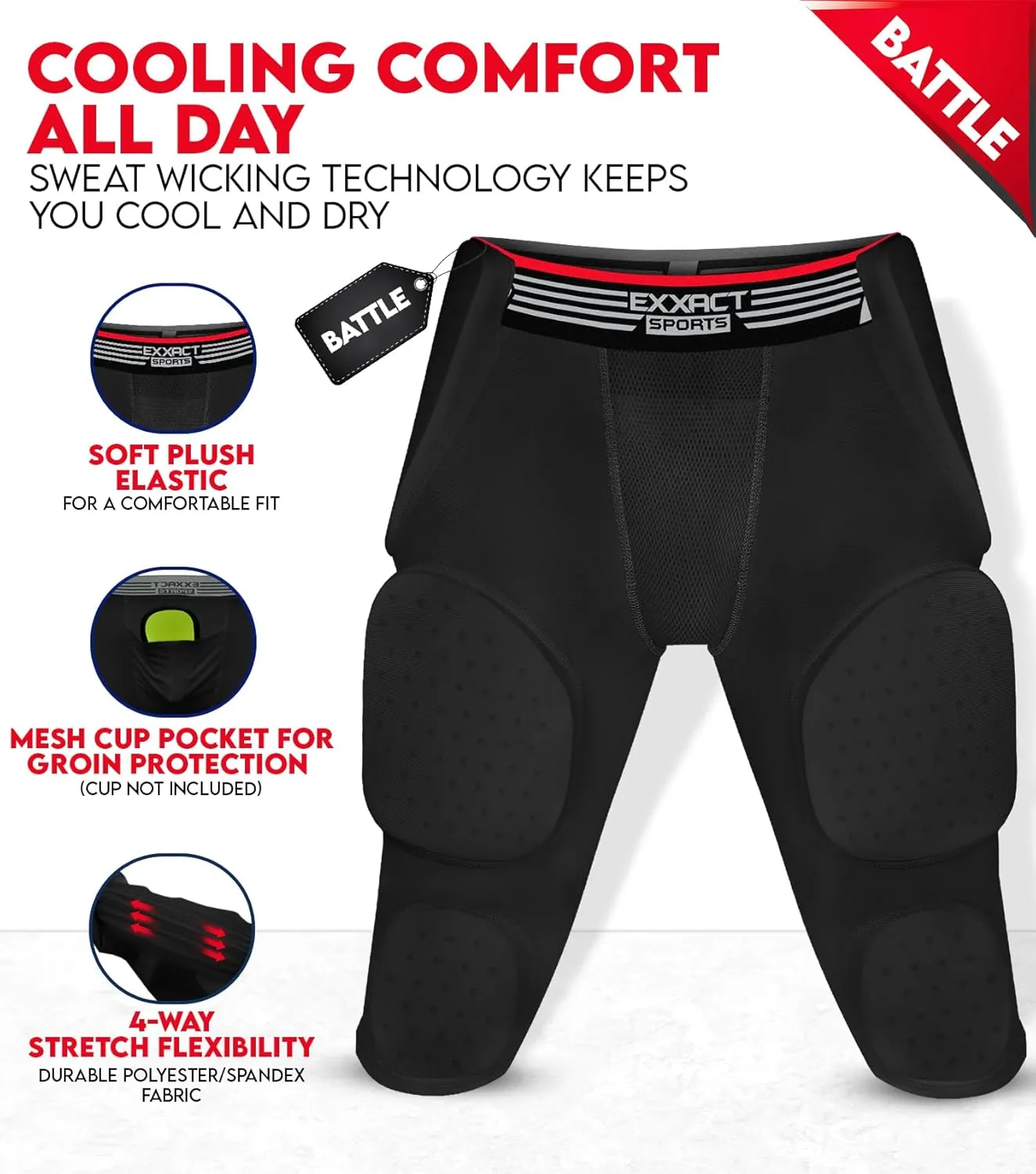Exxact Sports Battle 7-Pad Football Girdle for Men & Boys with Cup Pocket - Lightweight Padded Compression Shorts with Integrated Ultra Flex Pads, Girdle Football