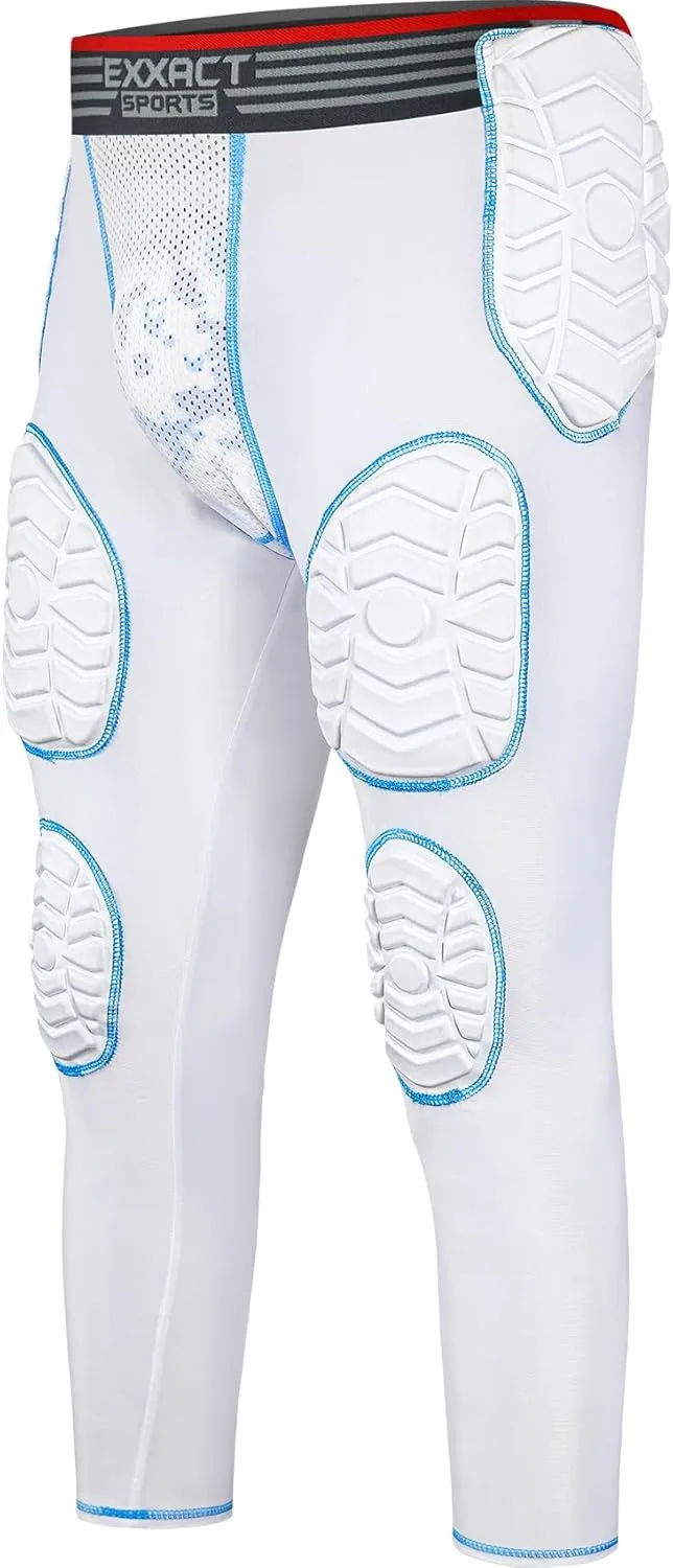 Exxact Sports Combat Men's Padded Compression Leggings, 7-Pad Football Girdle Pants with Cup Pocket, Integrated Hip, Thigh, Knee & Tailbone Protection for Game-Day