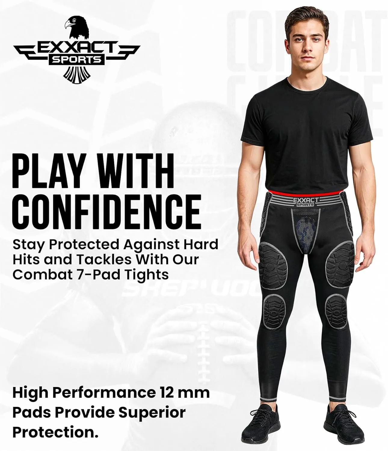 Exxact Sports Combat Men's Padded Compression Leggings, 7-Pad Football Girdle Pants with Cup Pocket, Integrated Hip, Thigh, Knee & Tailbone Protection for Game-Day