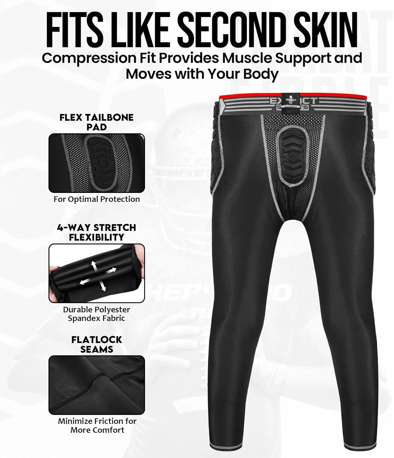 Exxact Sports Combat Men's Padded Compression Leggings, 7-Pad Football Girdle Pants with Cup Pocket, Integrated Hip, Thigh, Knee & Tailbone Protection for Game-Day