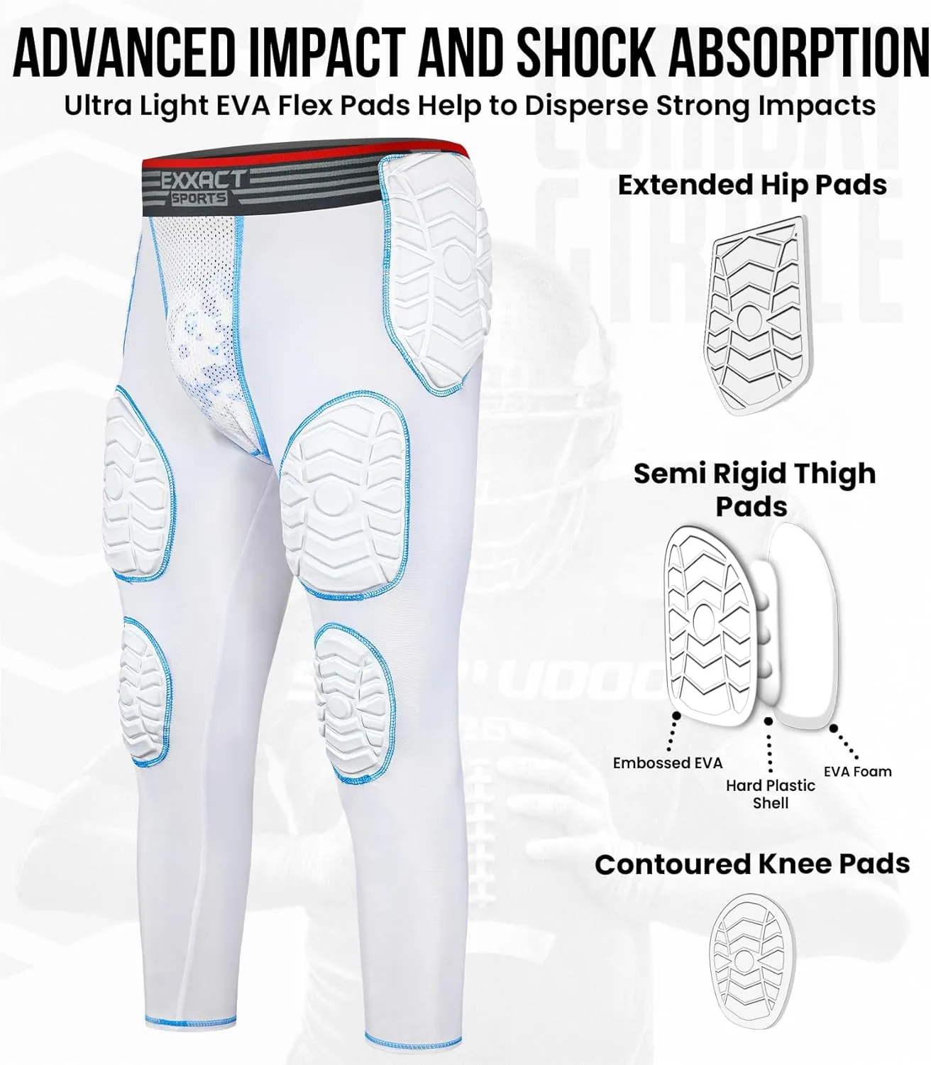 Exxact Sports Combat Men's Padded Compression Leggings, 7-Pad Football Girdle Pants with Cup Pocket, Integrated Hip, Thigh, Knee & Tailbone Protection for Game-Day