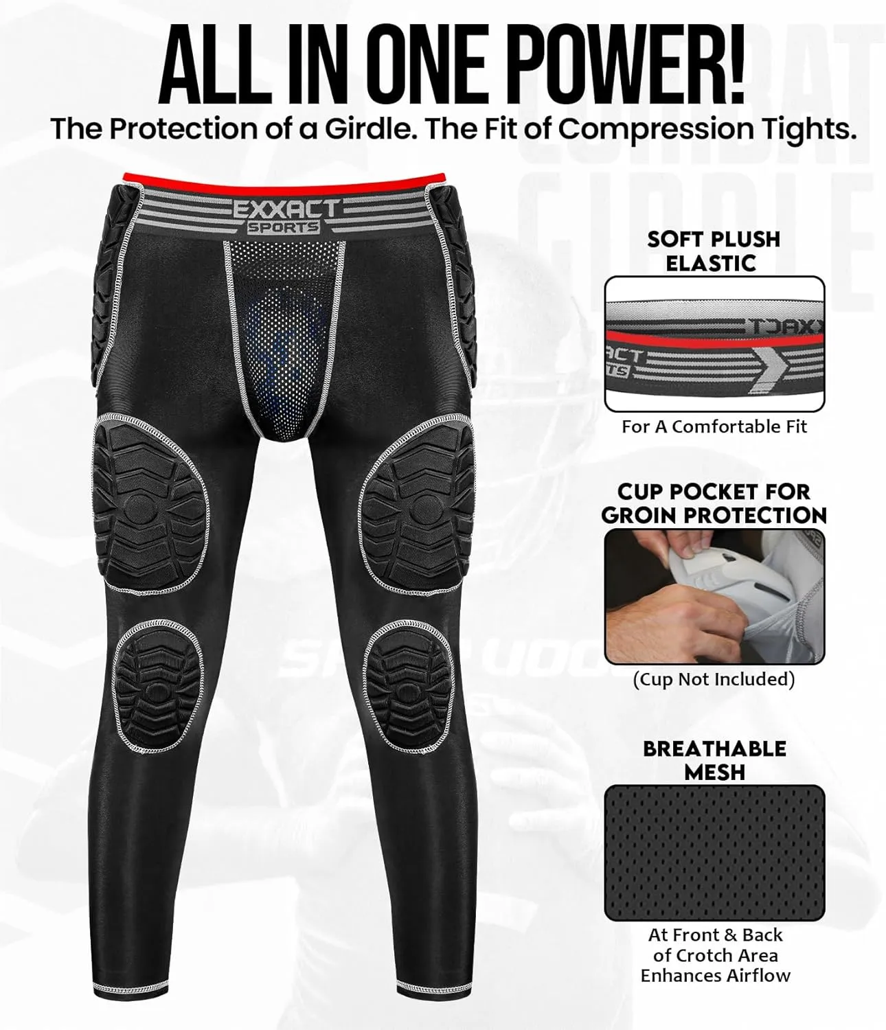 Exxact Sports Combat Men's Padded Compression Leggings, 7-Pad Football Girdle Pants with Cup Pocket, Integrated Hip, Thigh, Knee & Tailbone Protection for Game-Day