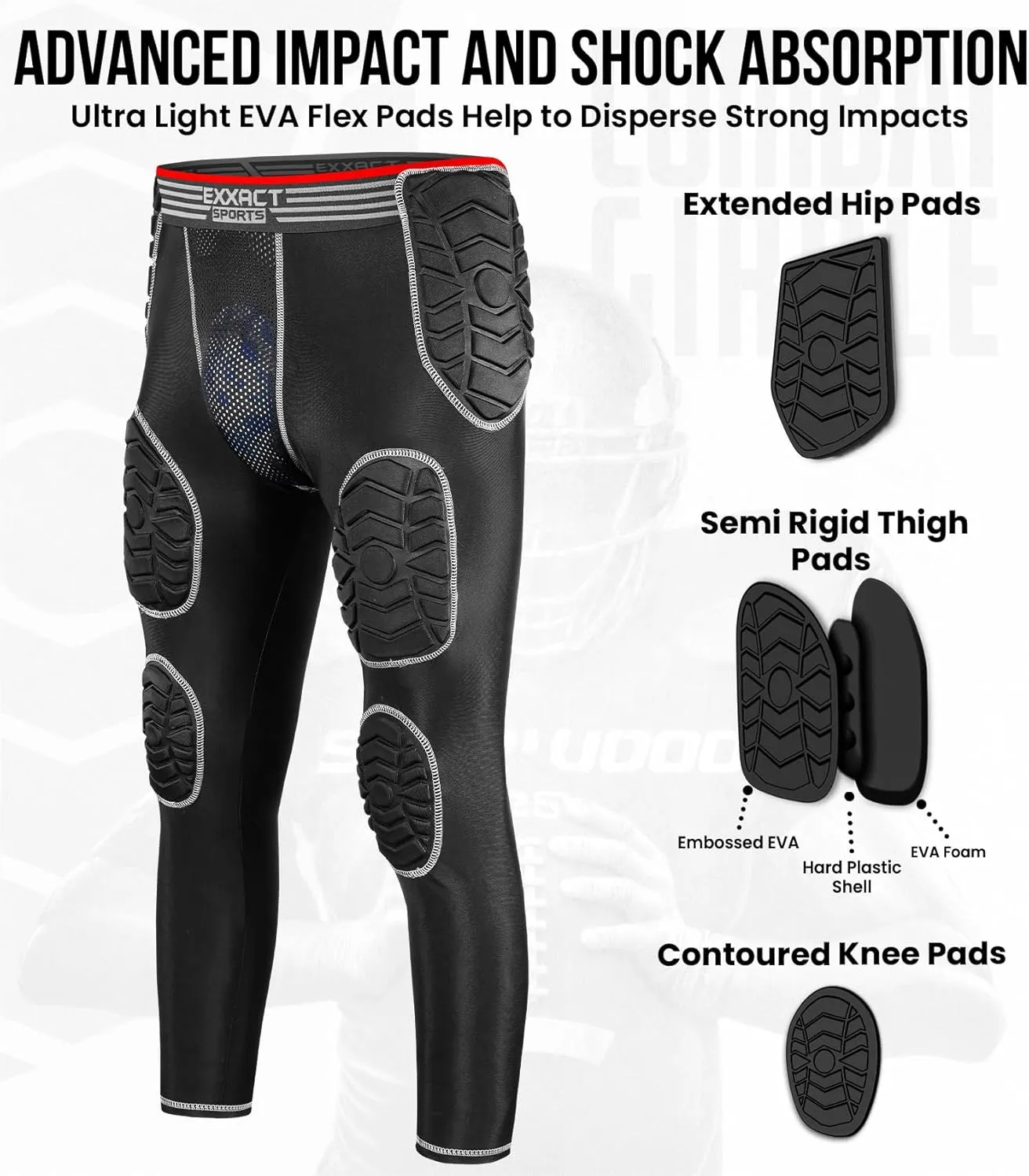 Exxact Sports Combat Men's Padded Compression Leggings, 7-Pad Football Girdle Pants with Cup Pocket, Integrated Hip, Thigh, Knee & Tailbone Protection for Game-Day