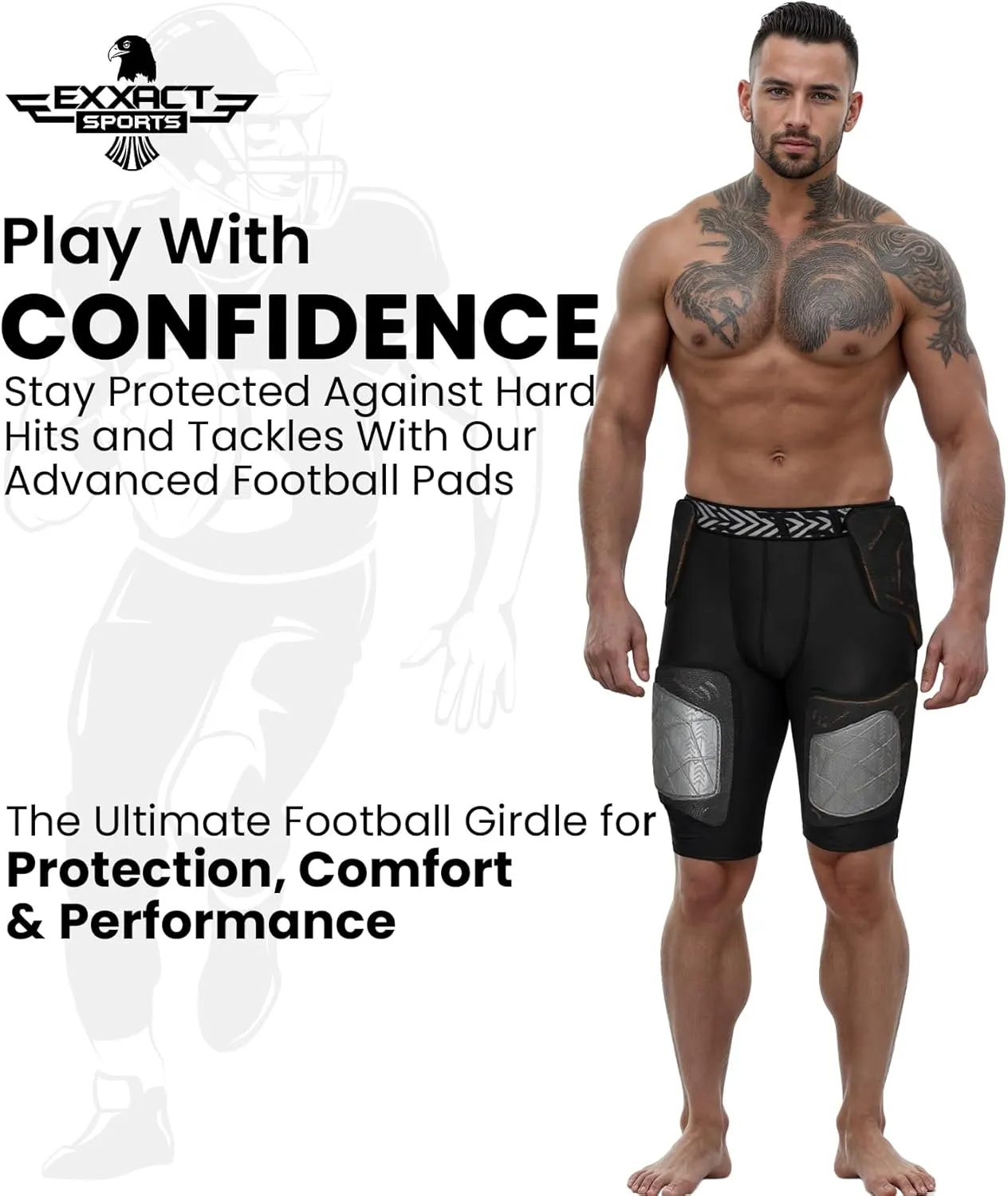 Exxact Sports Gladiator 5-Pad Adult Football Girdle for Men with Cup Pocket, Padded Compression Shorts with Integrated Hip, Thigh, Tailbone Pads, Men's Girdle Football
