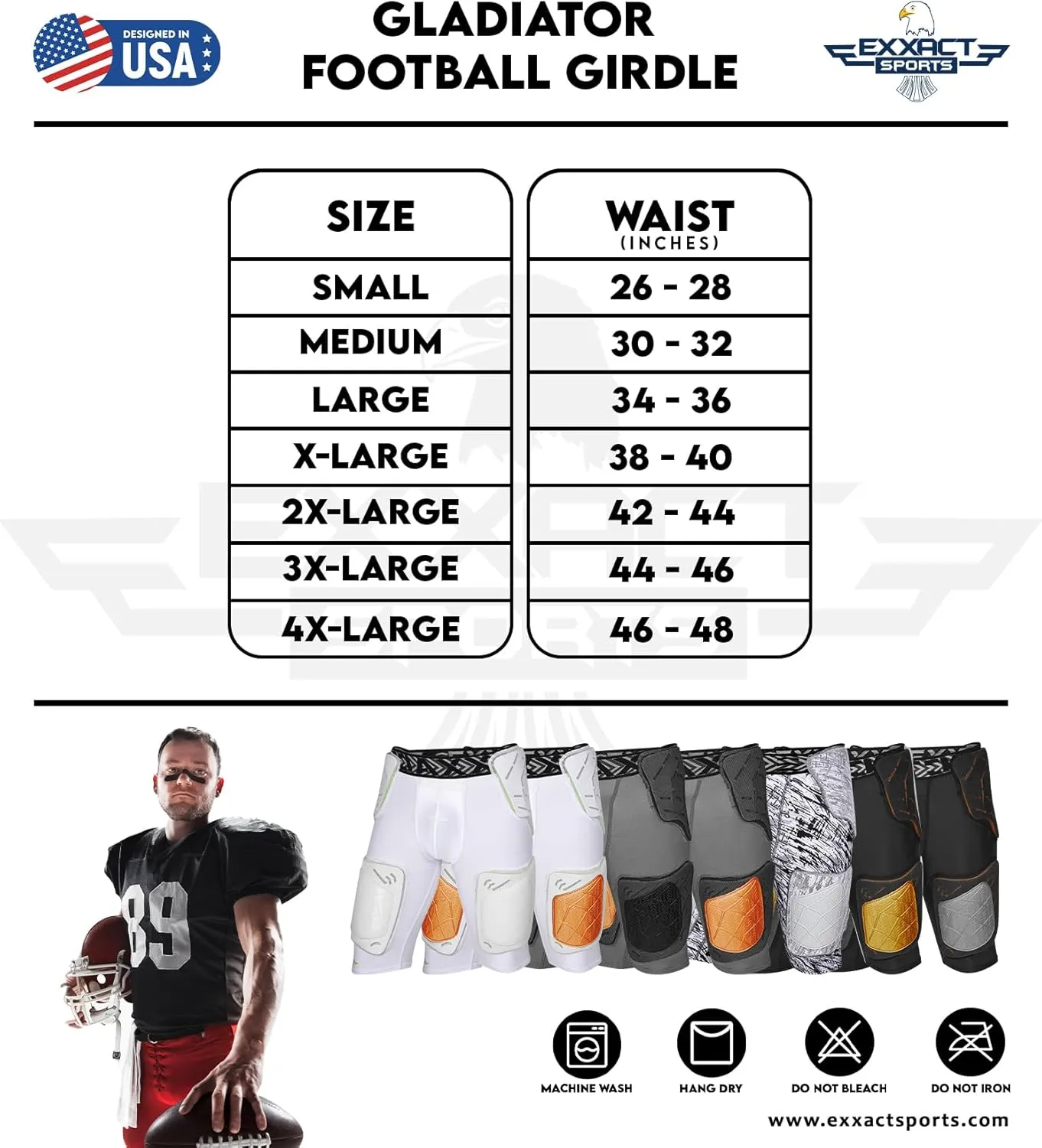 Exxact Sports Gladiator 5-Pad Adult Football Girdle for Men with Cup Pocket, Padded Compression Shorts with Integrated Hip, Thigh, Tailbone Pads, Men's Girdle Football