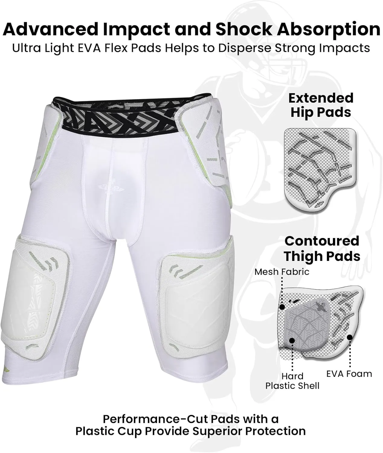 Exxact Sports Gladiator 5-Pad Adult Football Girdle for Men with Cup Pocket, Padded Compression Shorts with Integrated Hip, Thigh, Tailbone Pads, Men's Girdle Football