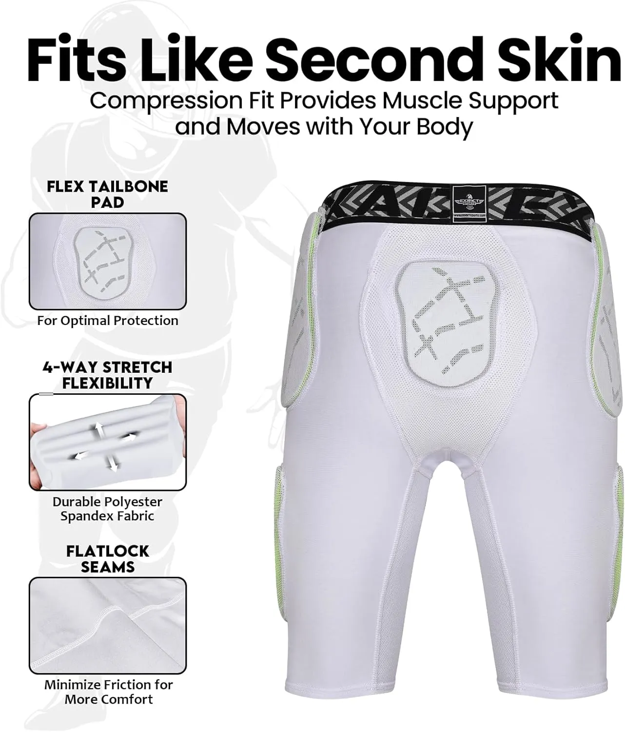 Exxact Sports Gladiator 5-Pad Adult Football Girdle for Men with Cup Pocket, Padded Compression Shorts with Integrated Hip, Thigh, Tailbone Pads, Men's Girdle Football