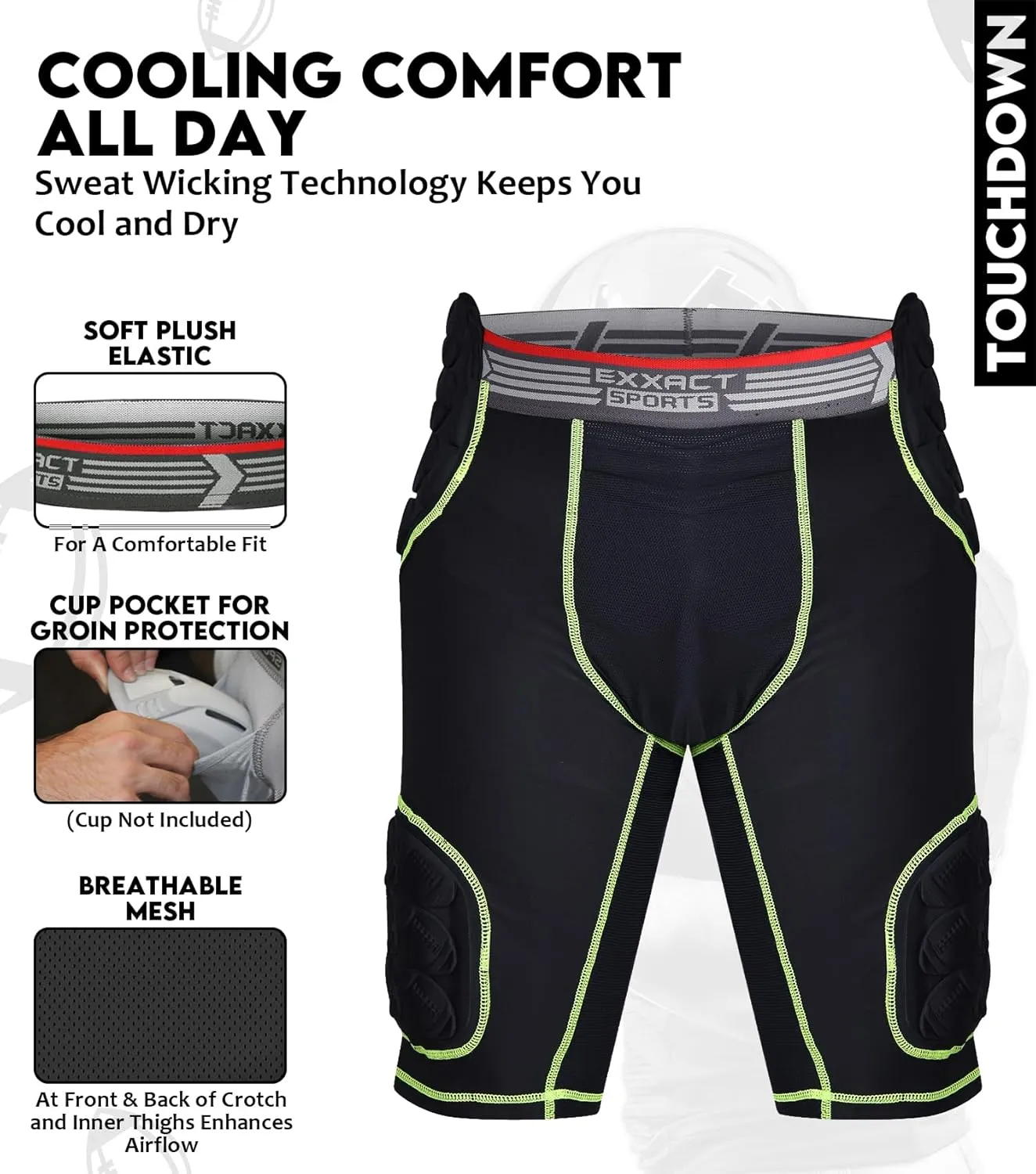 Exxact Sports Touchdown 5-Pad Adult Football Girdle for Men with Cup Pocket, Lightweight Padded Compression Shorts with Integrated Hip, Thigh, Tailbone Pads, Men's Girdle Football
