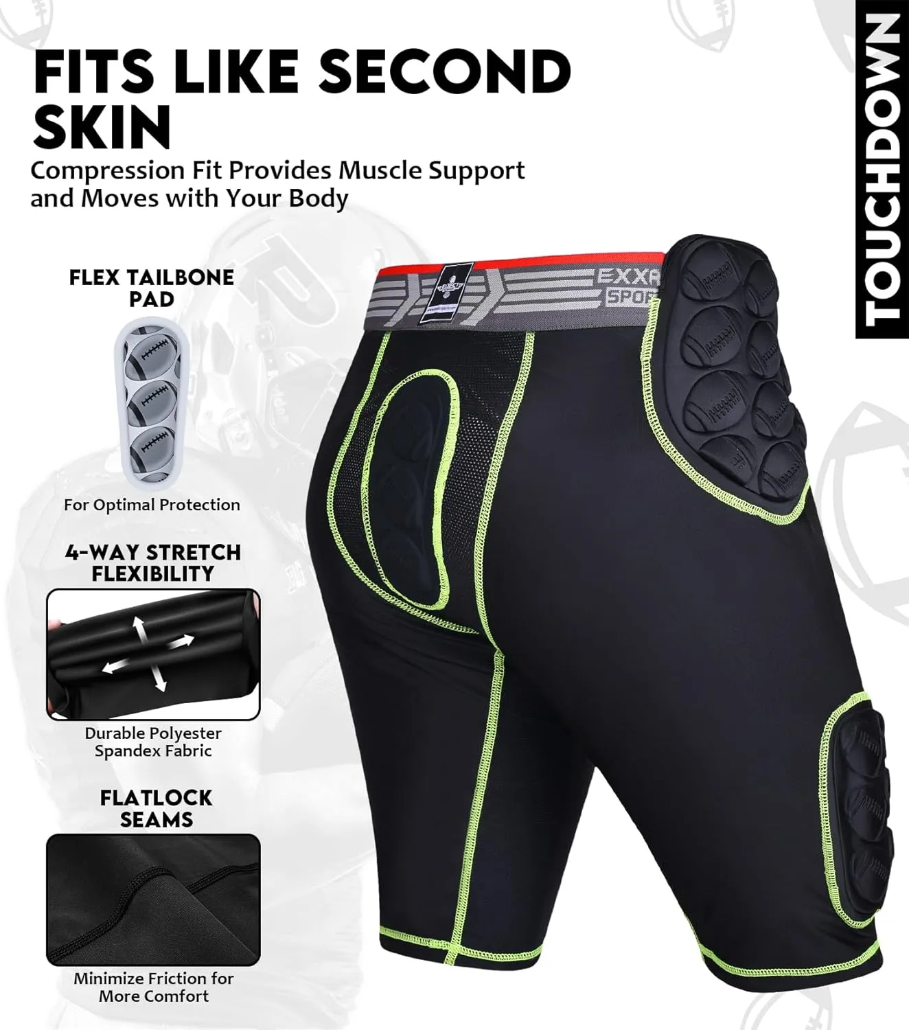 Exxact Sports Touchdown 5-Pad Adult Football Girdle for Men with Cup Pocket, Lightweight Padded Compression Shorts with Integrated Hip, Thigh, Tailbone Pads, Men's Girdle Football