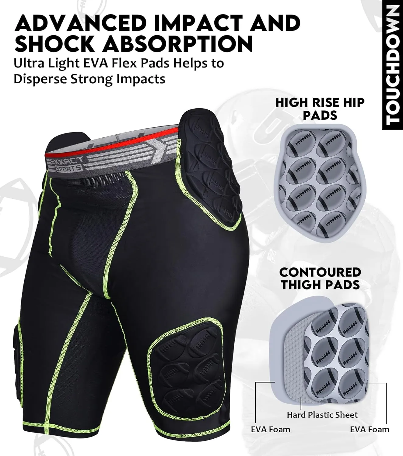 Exxact Sports Touchdown 5-Pad Adult Football Girdle for Men with Cup Pocket, Lightweight Padded Compression Shorts with Integrated Hip, Thigh, Tailbone Pads, Men's Girdle Football