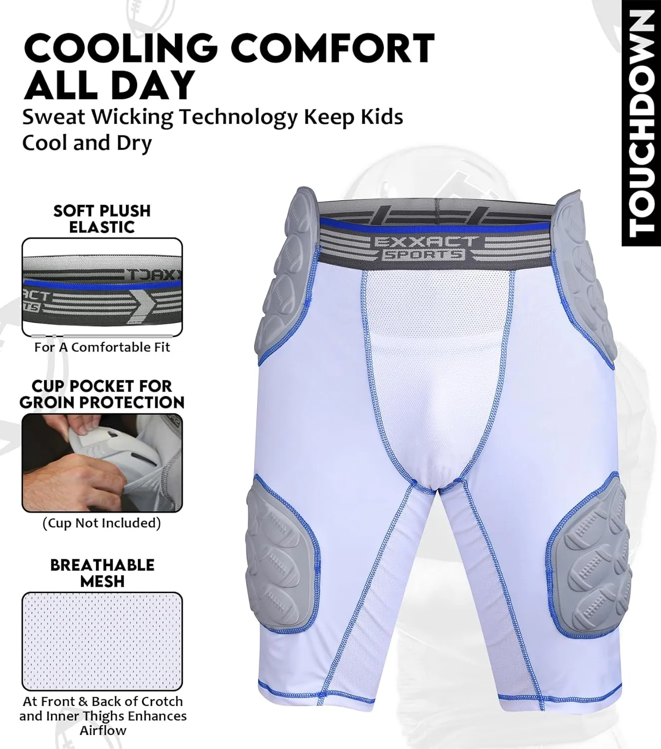 Exxact Sports Touchdown 5-Pad Youth Football Girdle with Cup Pocket, Lightweight Padded Compression Shorts with Integrated Hip, Thigh, Tailbone Pads, Boys Girdle Football
