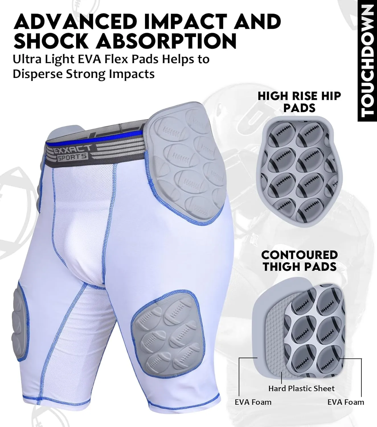 Exxact Sports Touchdown 5-Pad Youth Football Girdle with Cup Pocket, Lightweight Padded Compression Shorts with Integrated Hip, Thigh, Tailbone Pads, Boys Girdle Football