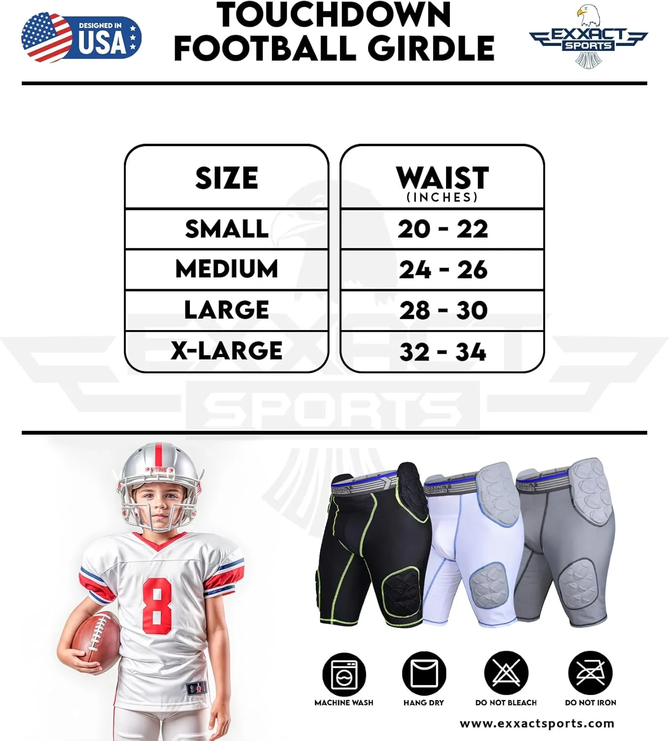 Exxact Sports Touchdown 5-Pad Youth Football Girdle with Cup Pocket, Lightweight Padded Compression Shorts with Integrated Hip, Thigh, Tailbone Pads, Boys Girdle Football