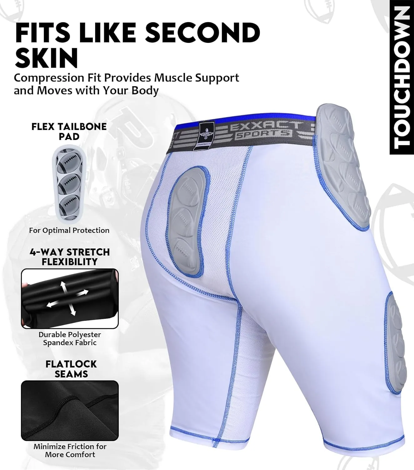 Exxact Sports Touchdown 5-Pad Youth Football Girdle with Cup Pocket, Lightweight Padded Compression Shorts with Integrated Hip, Thigh, Tailbone Pads, Boys Girdle Football