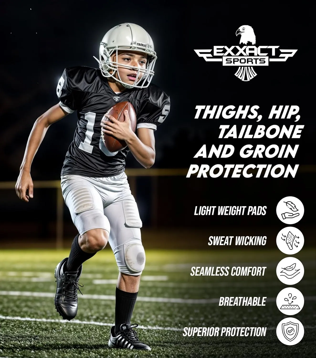 Exxact Sports Touchdown 5-Pad Youth Football Girdle with Cup Pocket, Lightweight Padded Compression Shorts with Integrated Hip, Thigh, Tailbone Pads, Boys Girdle Football