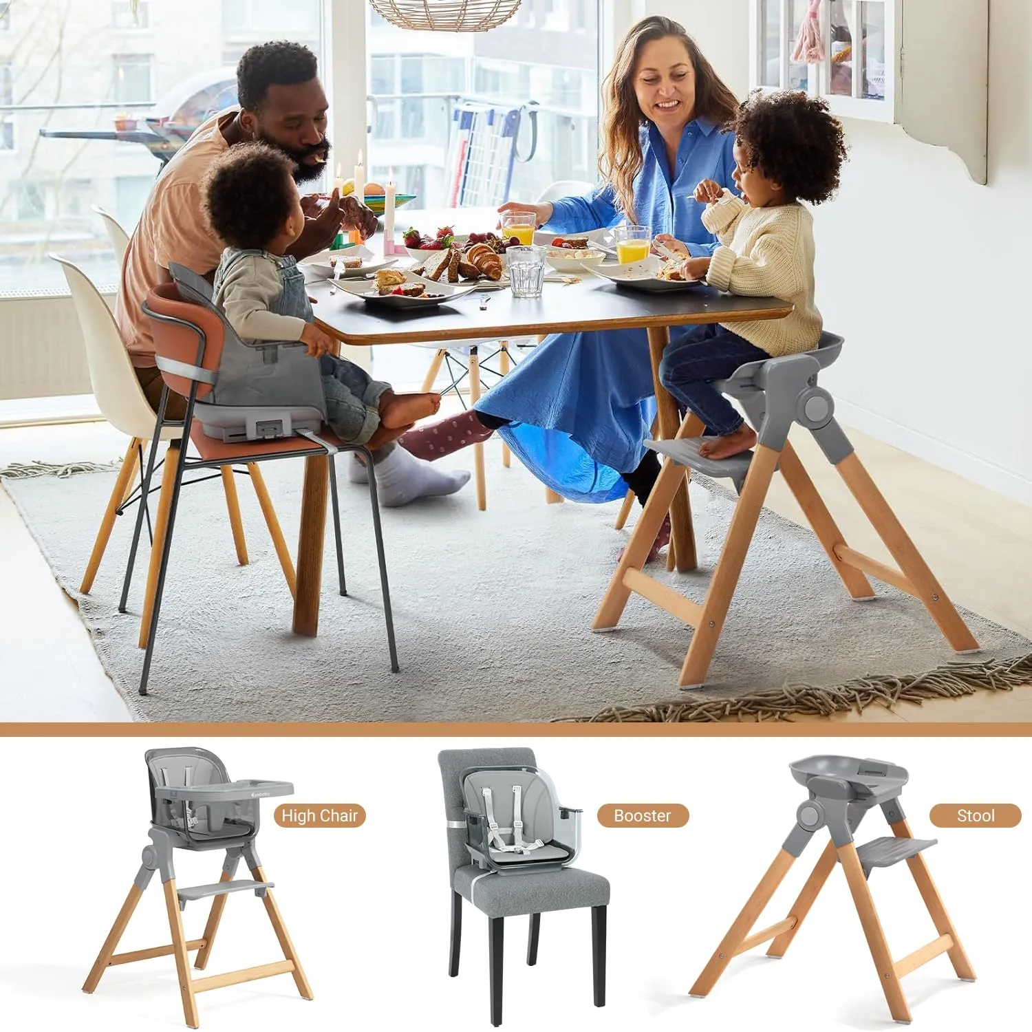 Ezebaby Foldable Wooden High Chairs, 3-in-1 Convertible Baby High Chair, Dining Booster Seat, Toddler Chair, Easy Clean High Chairs for Babies and Toddlers with Large Adjustable Tray- Transparent Gray
