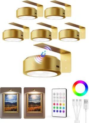 EZVALO Picture Lights for Wall, 2000mAh Rechargeable Battery Magnetic Poster Lights with 2 Color Temps & 12 RGB, Remote Dimmable Timer Painting Light, Wall Decor Light for Art Display, Frame (6 Pack)
