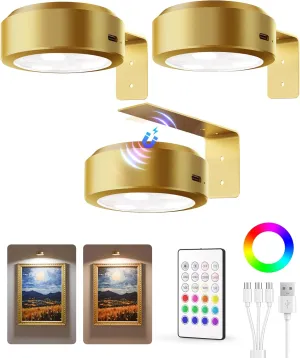 EZVALO Picture Lights for Wall, 2000mAh Rechargeable Battery Magnetic Poster Lights with 3 Color Temps & 12 RGB, Remote Dimmable Timer Painting Light, Wall Decor Light for Art Display, Frame (3 Pack)