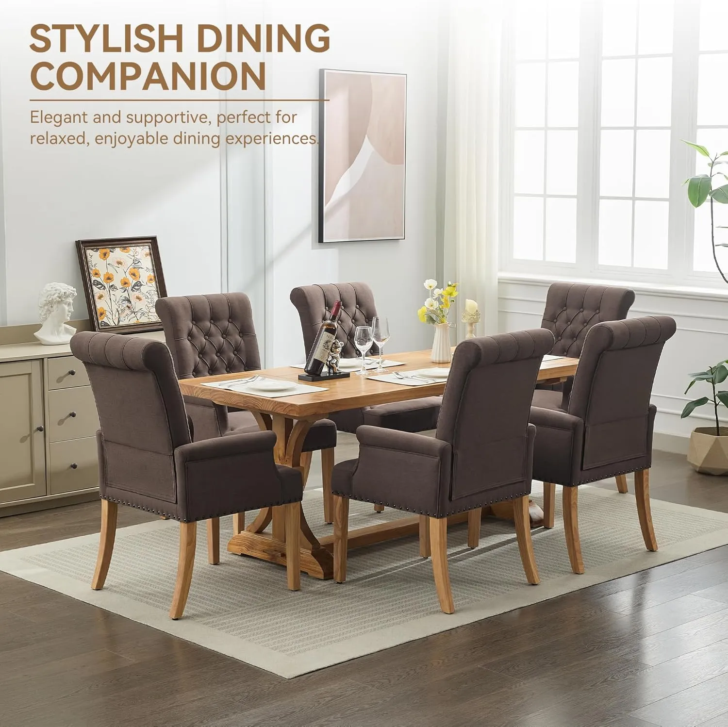 Fabric Dining Chair with Arms, Upholstered Tufted High Back Dining Room Chairs, Accent Armchair with Solid Wood Leg and Nailhead Trim, Kitchen Dining Living Room, Brown