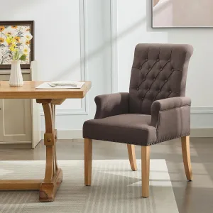 Fabric Dining Chair with Arms, Upholstered Tufted High Back Dining Room Chairs, Accent Armchair with Solid Wood Leg and Nailhead Trim, Kitchen Dining Living Room, Brown