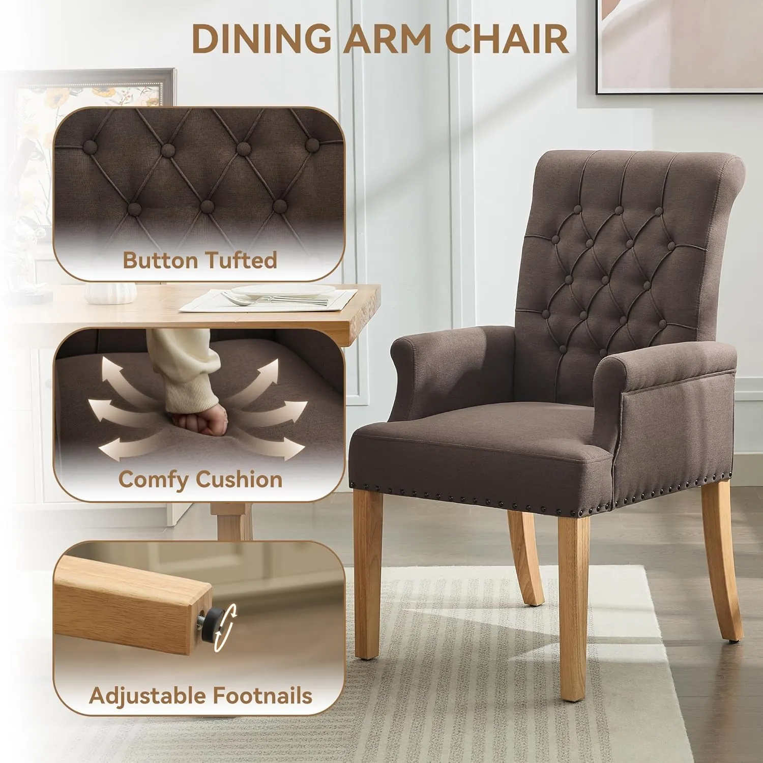 Fabric Dining Chair with Arms, Upholstered Tufted High Back Dining Room Chairs, Accent Armchair with Solid Wood Leg and Nailhead Trim, Kitchen Dining Living Room, Brown