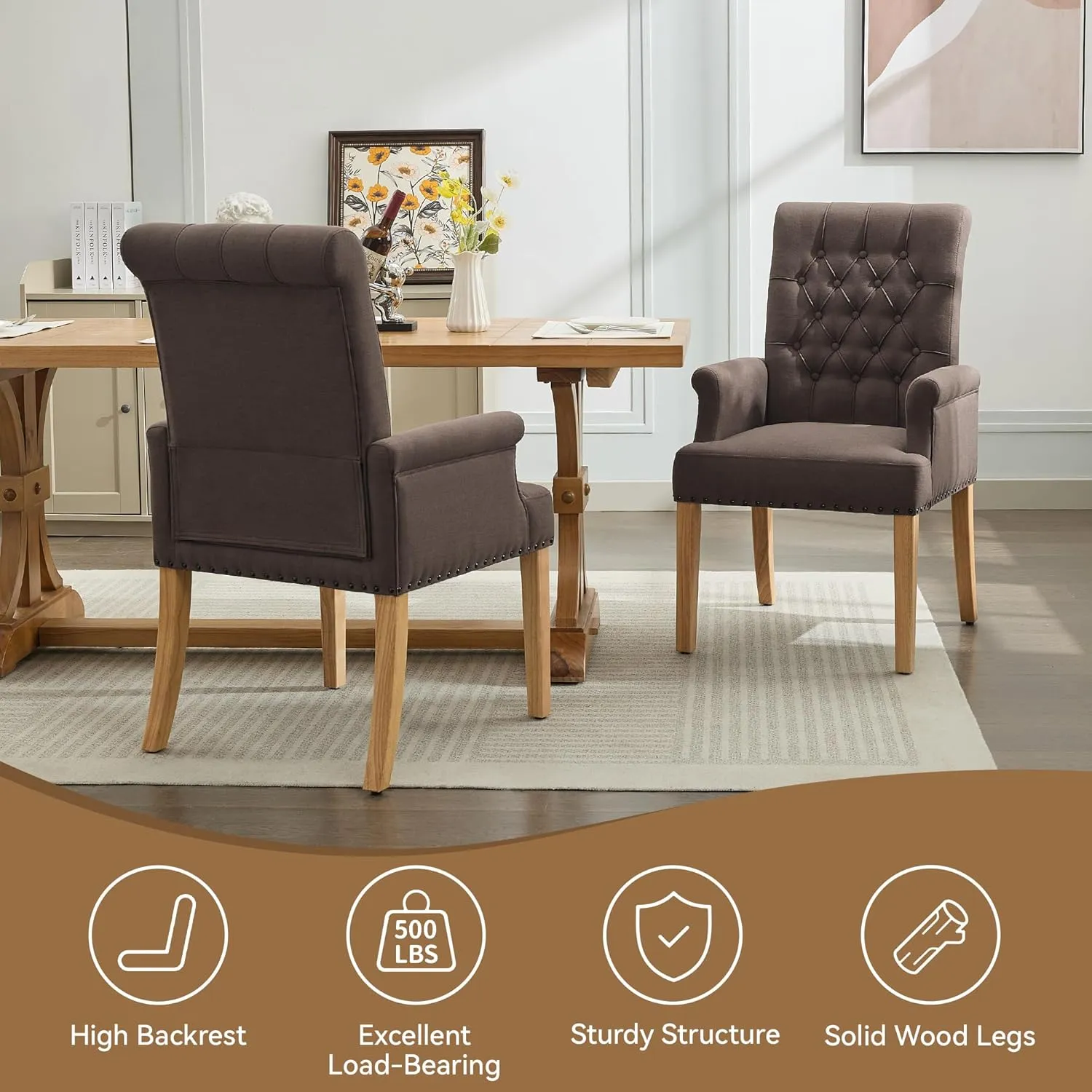 Fabric Dining Chair with Arms, Upholstered Tufted High Back Dining Room Chairs, Accent Armchair with Solid Wood Leg and Nailhead Trim, Kitchen Dining Living Room, Brown