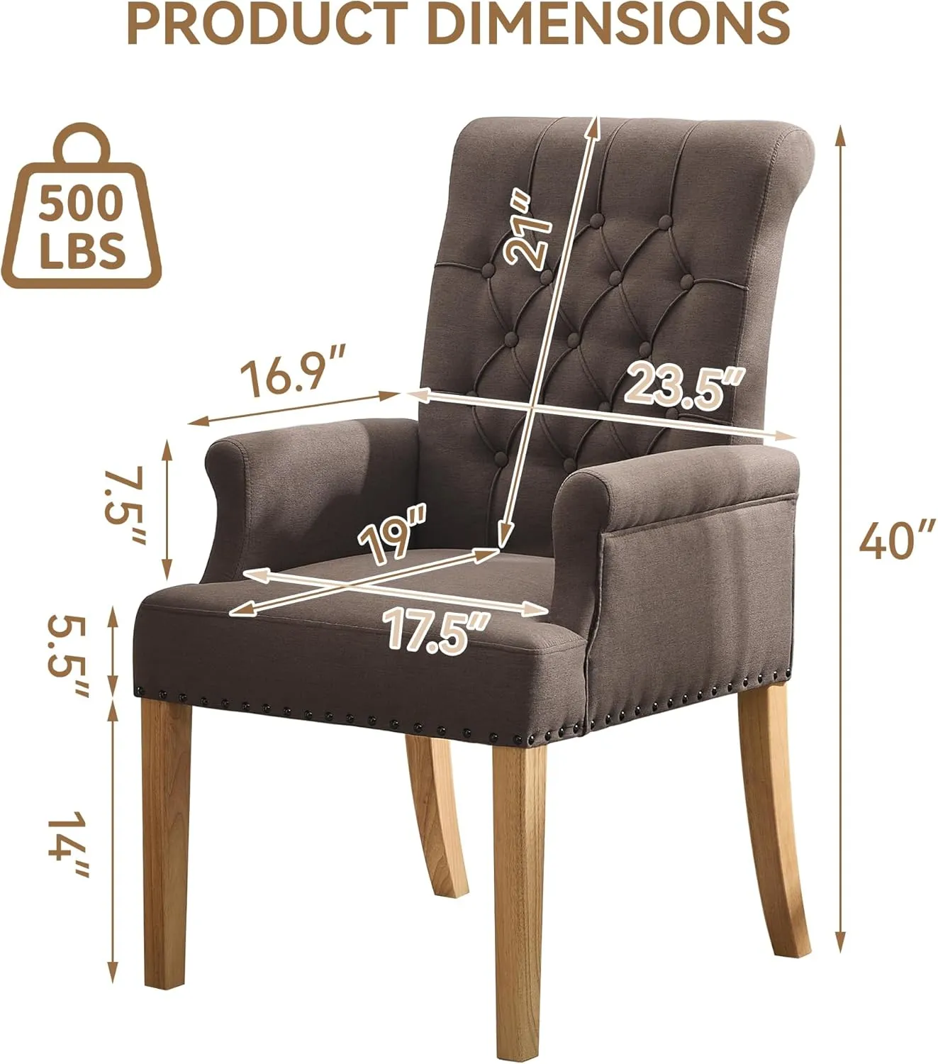 Fabric Dining Chair with Arms, Upholstered Tufted High Back Dining Room Chairs, Accent Armchair with Solid Wood Leg and Nailhead Trim, Kitchen Dining Living Room, Brown