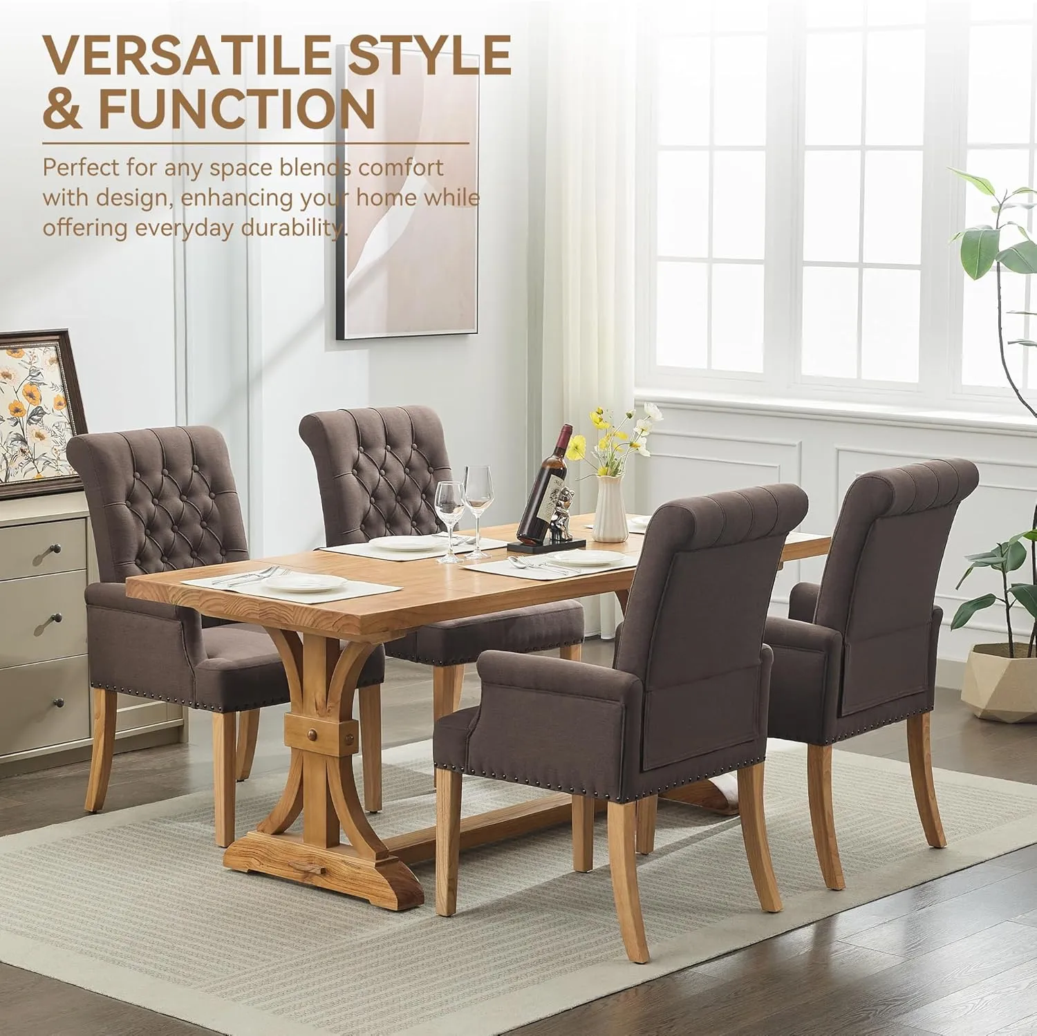 Fabric Dining Chair with Arms, Upholstered Tufted High Back Dining Room Chairs, Accent Armchair with Solid Wood Leg and Nailhead Trim, Kitchen Dining Living Room, Brown