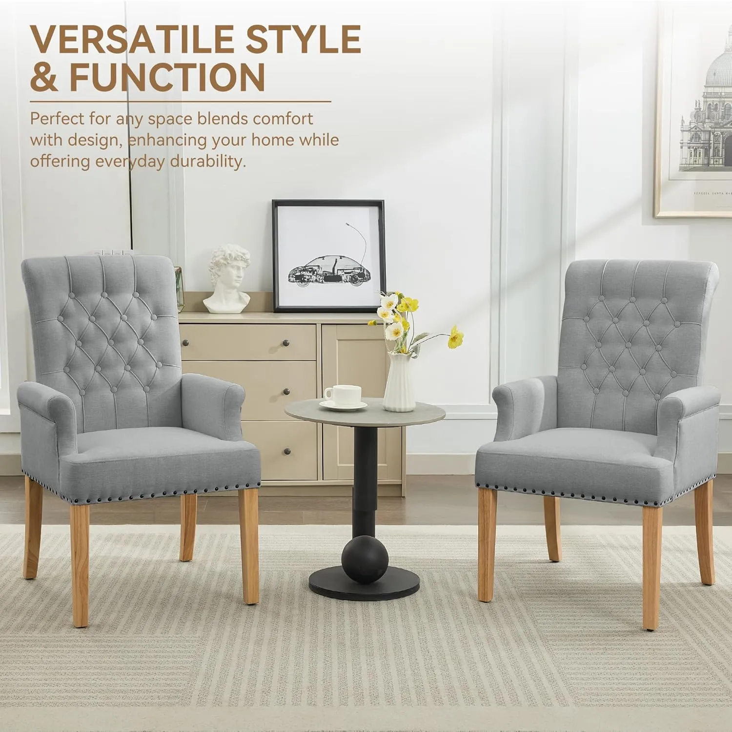 Fabric Dining Chair with Arms, Upholstered Tufted High Back Dining Room Chairs, Accent Armchair with Solid Wood Leg and Nailhead Trim, Kitchen Dining Living Room, Light Grey