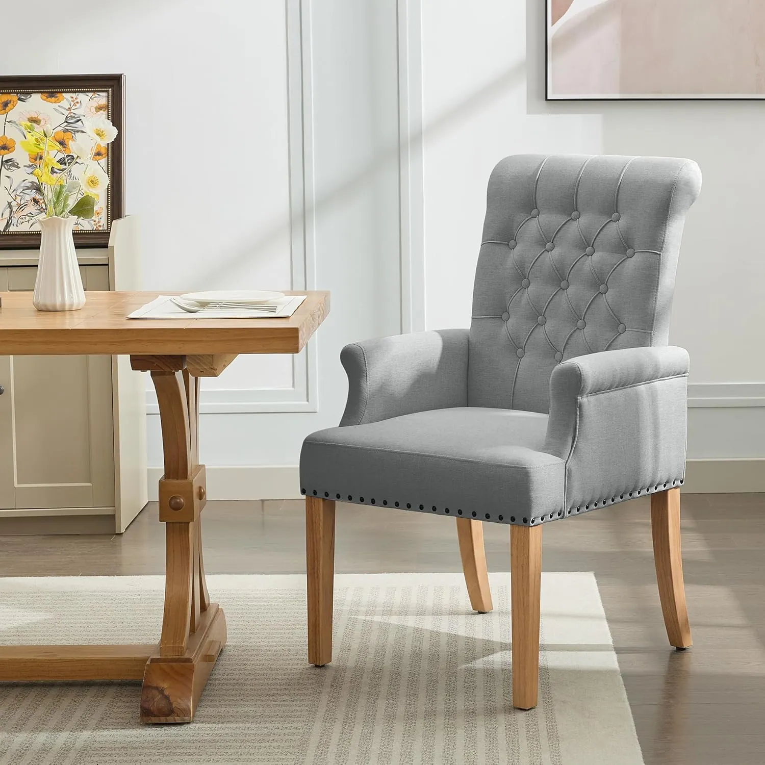Fabric Dining Chair with Arms, Upholstered Tufted High Back Dining Room Chairs, Accent Armchair with Solid Wood Leg and Nailhead Trim, Kitchen Dining Living Room, Light Grey