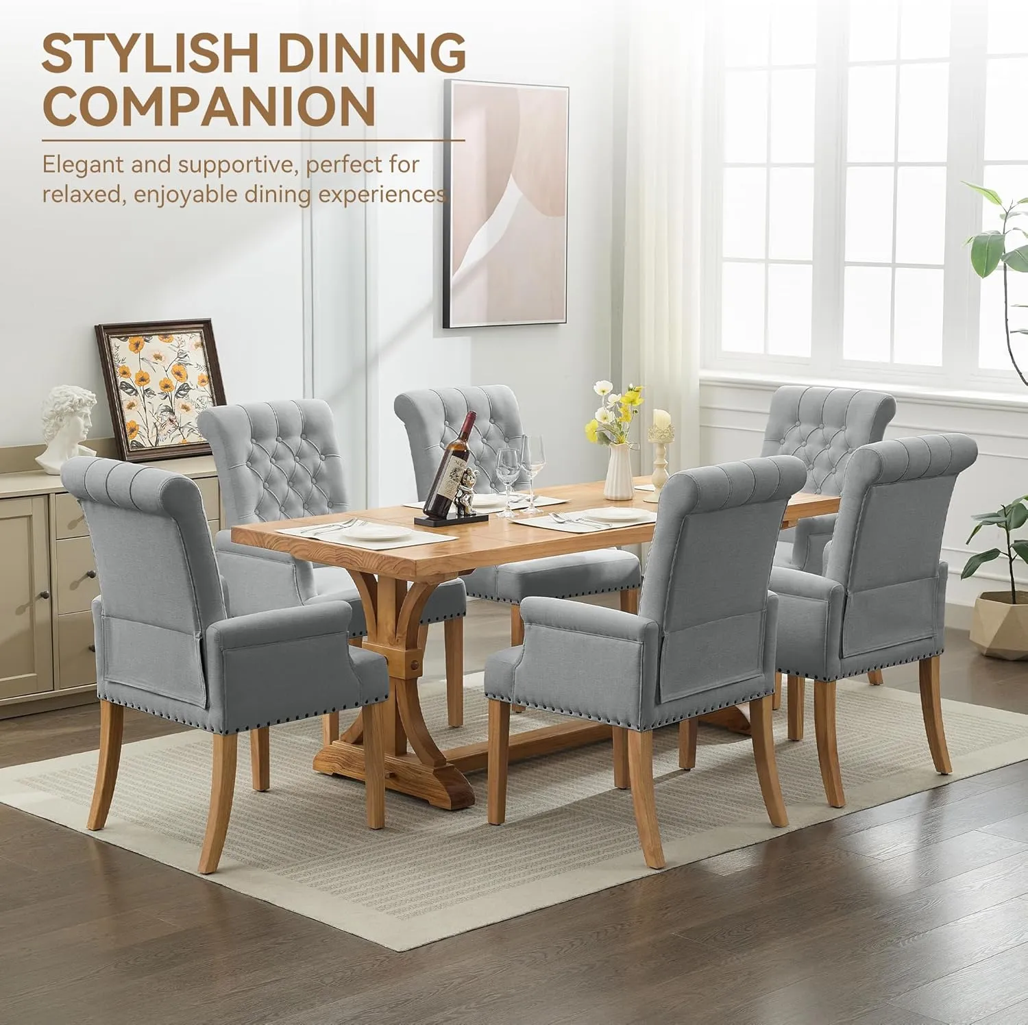 Fabric Dining Chair with Arms, Upholstered Tufted High Back Dining Room Chairs, Accent Armchair with Solid Wood Leg and Nailhead Trim, Kitchen Dining Living Room, Light Grey