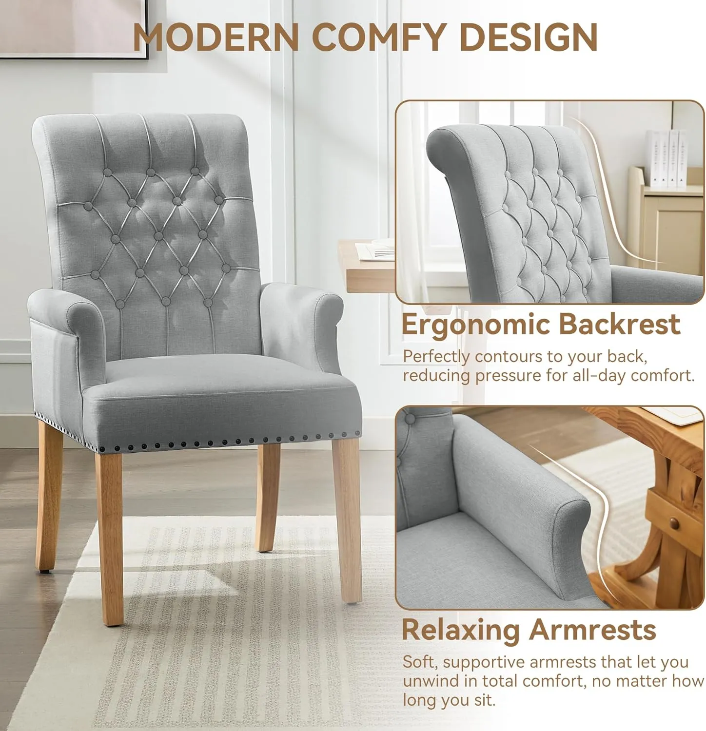 Fabric Dining Chair with Arms, Upholstered Tufted High Back Dining Room Chairs, Accent Armchair with Solid Wood Leg and Nailhead Trim, Kitchen Dining Living Room, Light Grey