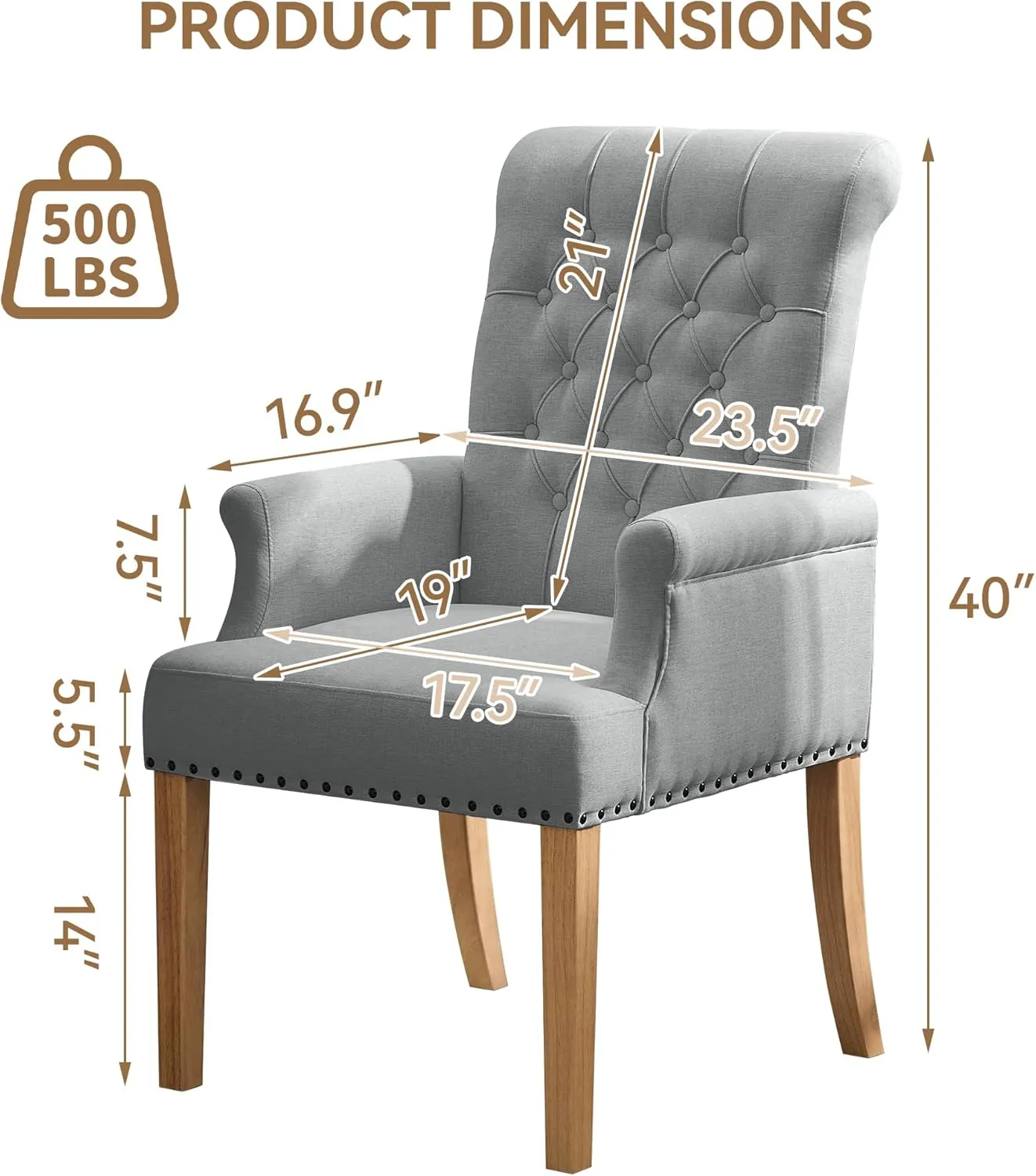 Fabric Dining Chair with Arms, Upholstered Tufted High Back Dining Room Chairs, Accent Armchair with Solid Wood Leg and Nailhead Trim, Kitchen Dining Living Room, Light Grey