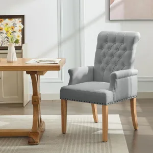 Fabric Dining Chair with Arms, Upholstered Tufted High Back Dining Room Chairs, Accent Armchair with Solid Wood Leg and Nailhead Trim, Kitchen Dining Living Room, Light Grey