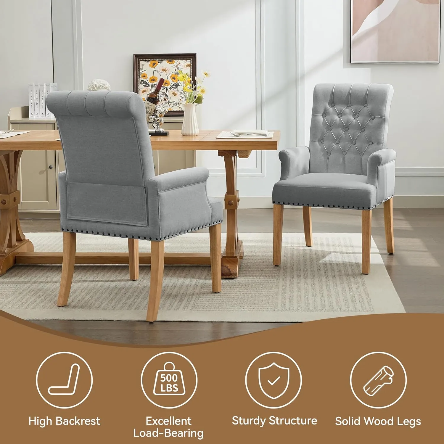 Fabric Dining Chair with Arms, Upholstered Tufted High Back Dining Room Chairs, Accent Armchair with Solid Wood Leg and Nailhead Trim, Kitchen Dining Living Room, Light Grey