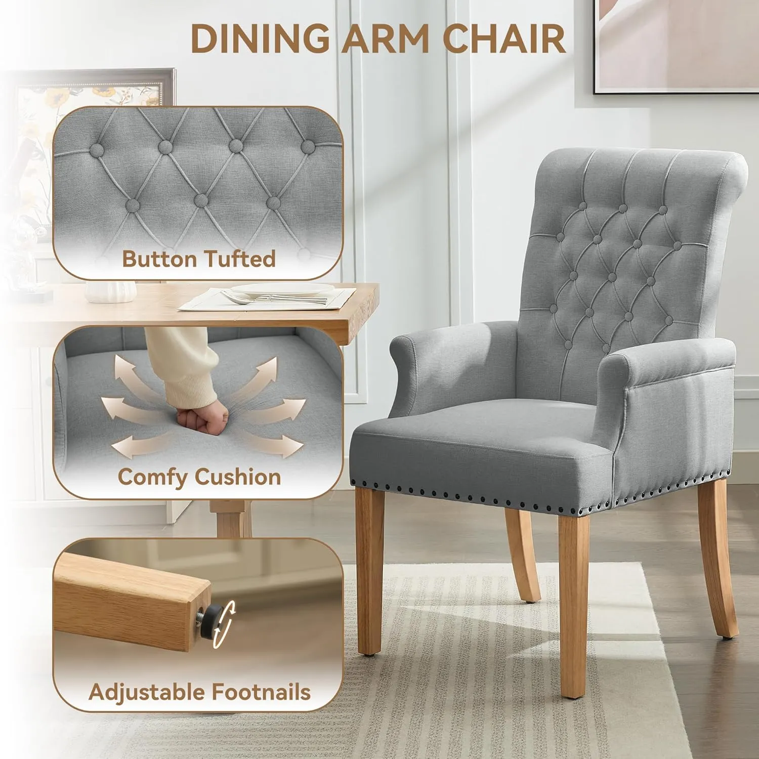 Fabric Dining Chair with Arms, Upholstered Tufted High Back Dining Room Chairs, Accent Armchair with Solid Wood Leg and Nailhead Trim, Kitchen Dining Living Room, Light Grey