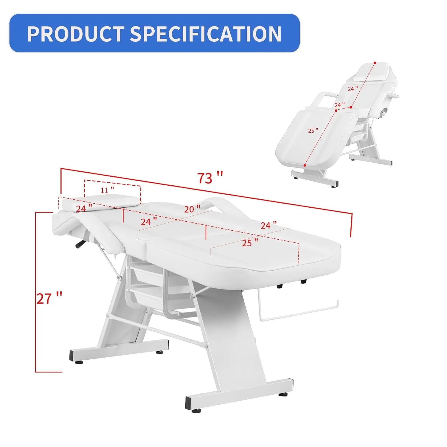 Facial Chair Tattoo Chair for Client Adjustable 3-Section Multipurpose with Hydraulic Stool for Esthetician Beauty Spa Tattoo Eyelash Equipment White
