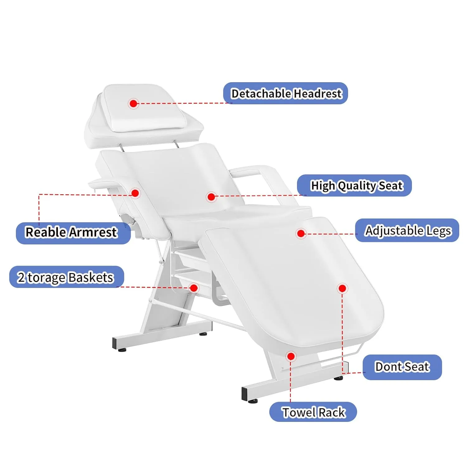 Facial Chair Tattoo Chair for Client Adjustable 3-Section Multipurpose with Hydraulic Stool for Esthetician Beauty Spa Tattoo Eyelash Equipment White