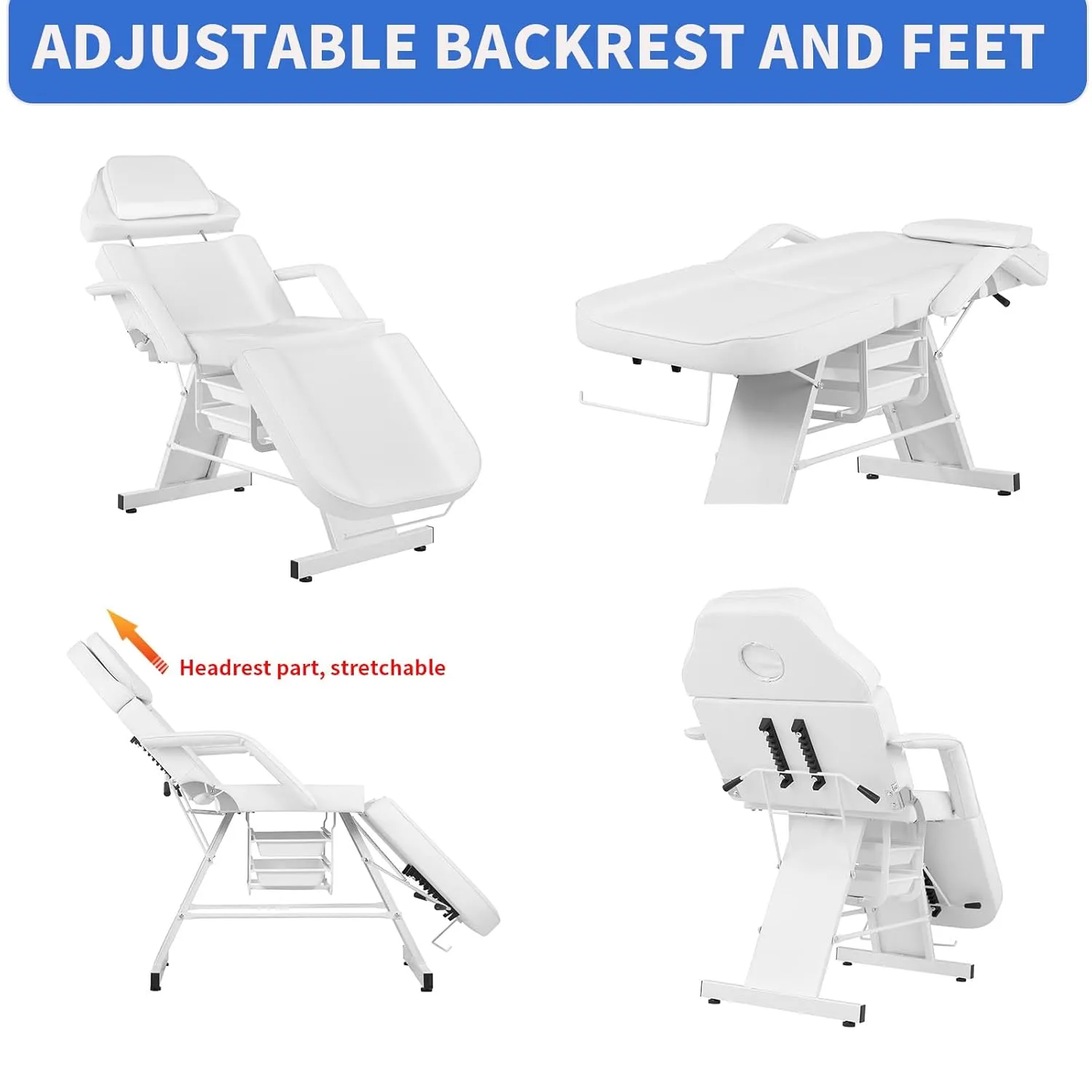 Facial Chair Tattoo Chair for Client Adjustable 3-Section Multipurpose with Hydraulic Stool for Esthetician Beauty Spa Tattoo Eyelash Equipment White