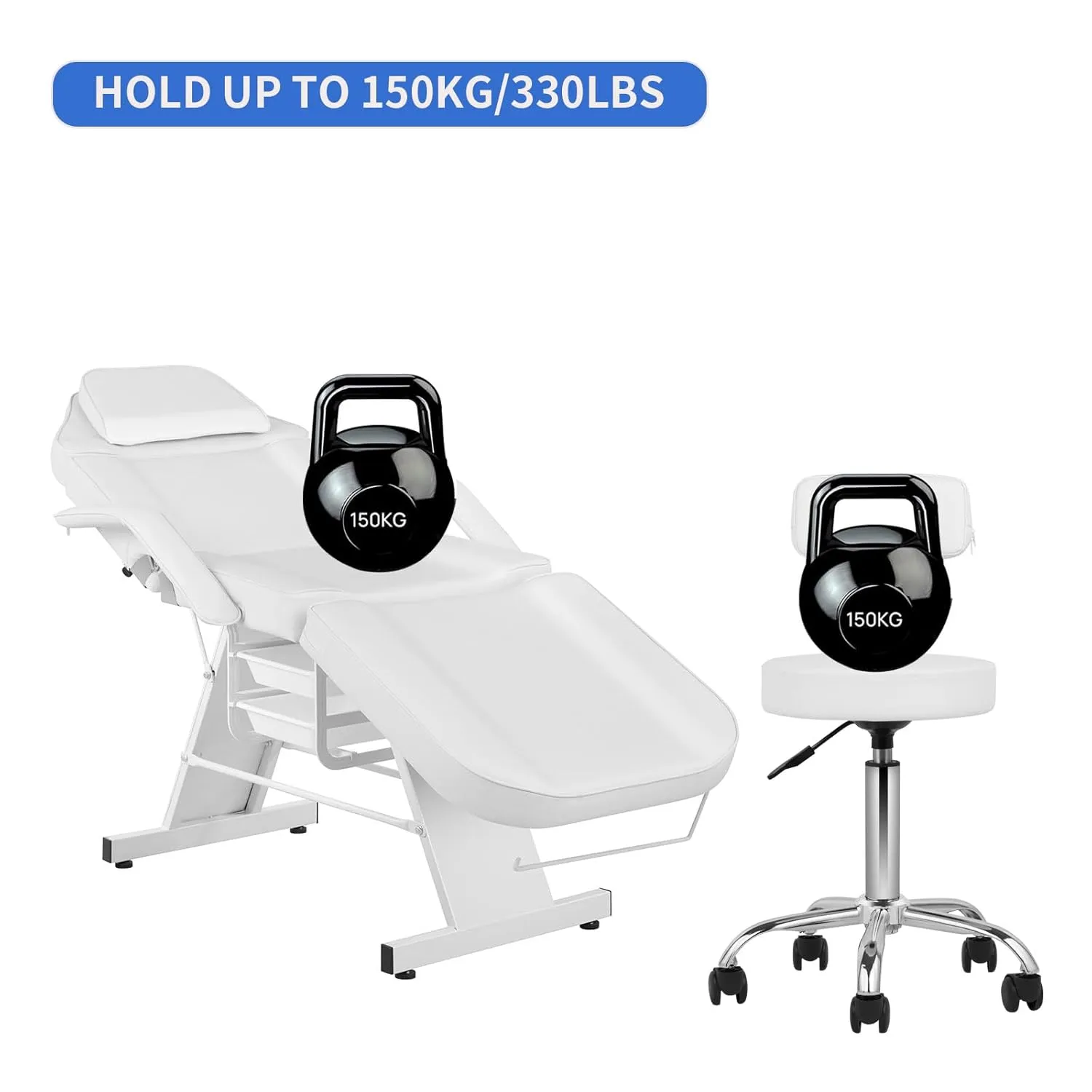 Facial Chair Tattoo Chair for Client Adjustable 3-Section Multipurpose with Hydraulic Stool for Esthetician Beauty Spa Tattoo Eyelash Equipment White
