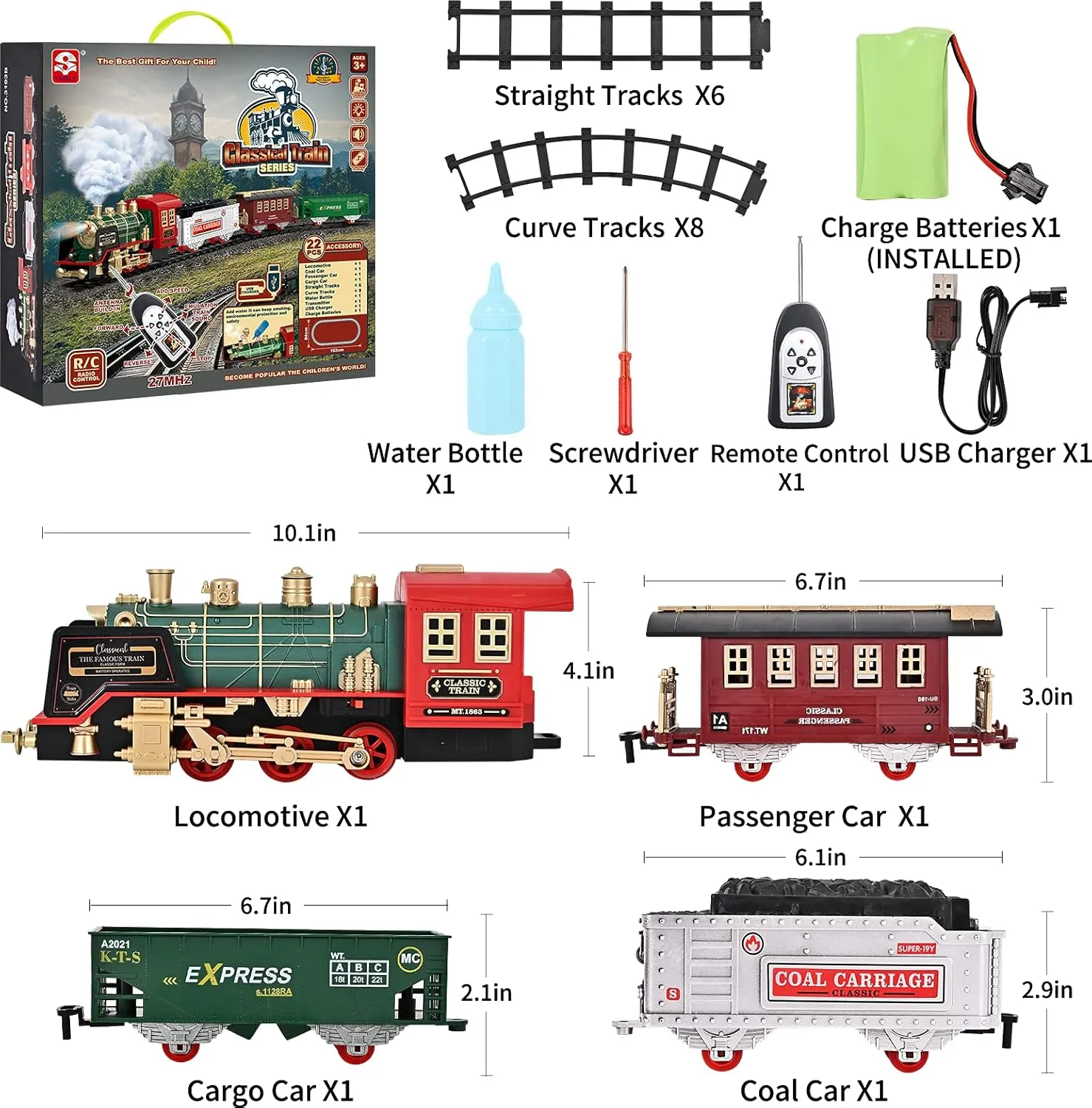 FANL Train Set with Remote Control - Christmas Train Toys - Steam Locomotive Engine, Cargo Car and Train Tracks - Rechargeable Electric Train Toy Gift Toys for Age 3 4 5 6   Kids.