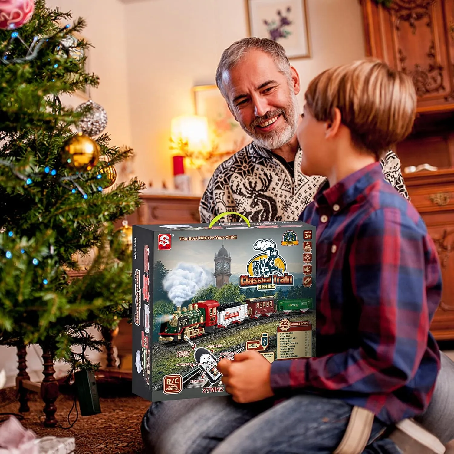 FANL Train Set with Remote Control - Christmas Train Toys - Steam Locomotive Engine, Cargo Car and Train Tracks - Rechargeable Electric Train Toy Gift Toys for Age 3 4 5 6   Kids.