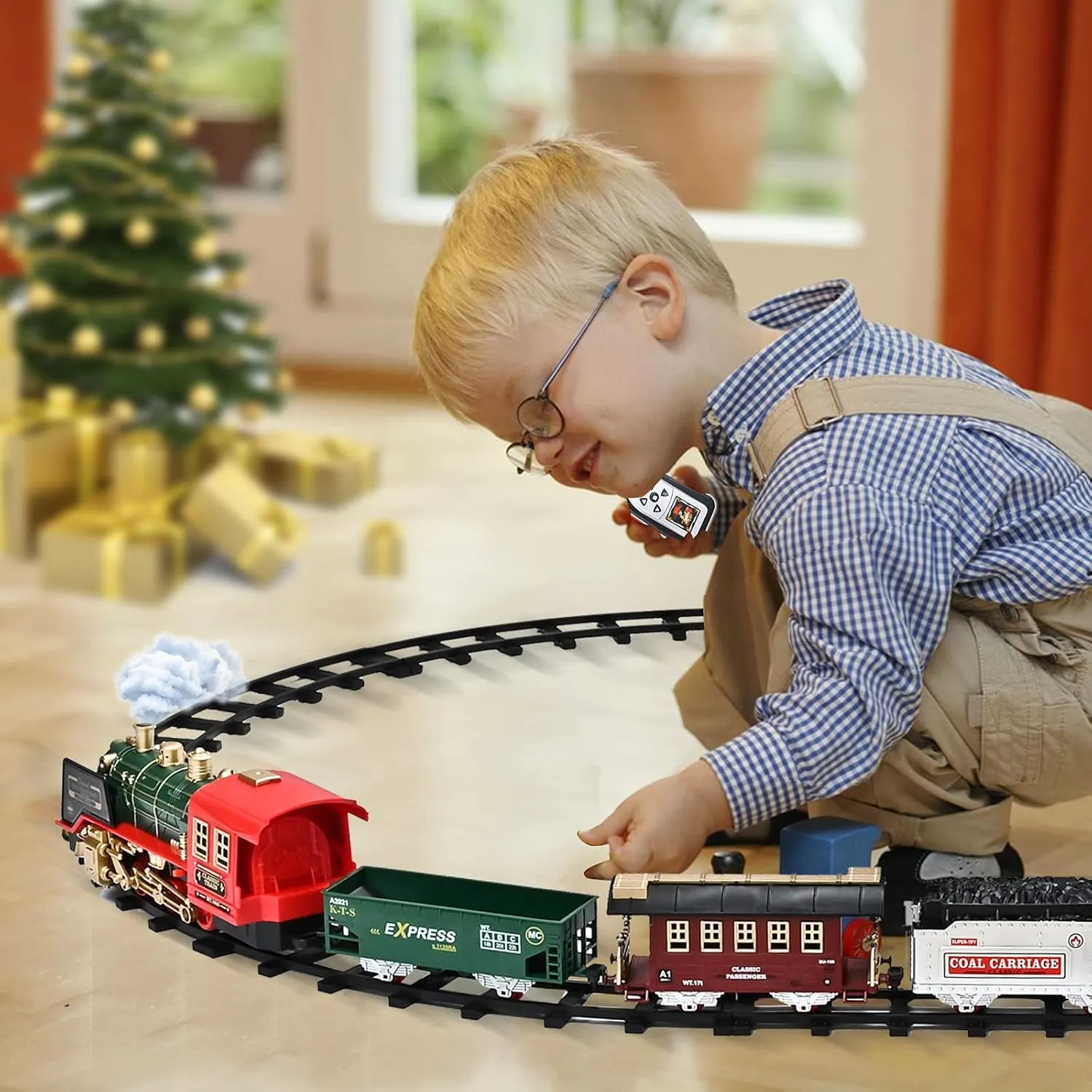 FANL Train Set with Remote Control - Christmas Train Toys - Steam Locomotive Engine, Cargo Car and Train Tracks - Rechargeable Electric Train Toy Gift Toys for Age 3 4 5 6   Kids.