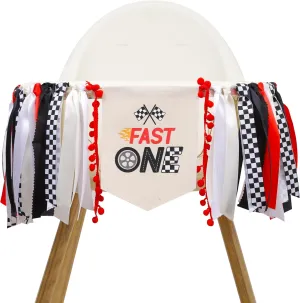 Fast One High Chair Ribbon Banner - Racing Boys 1st Birthday Decorations,Red Black Ribbon Race Car Banner,Little Racer Birthday Photo Backdrop,Racing Vintage First Birthday Highchair Garland (Fast One Ribbon)