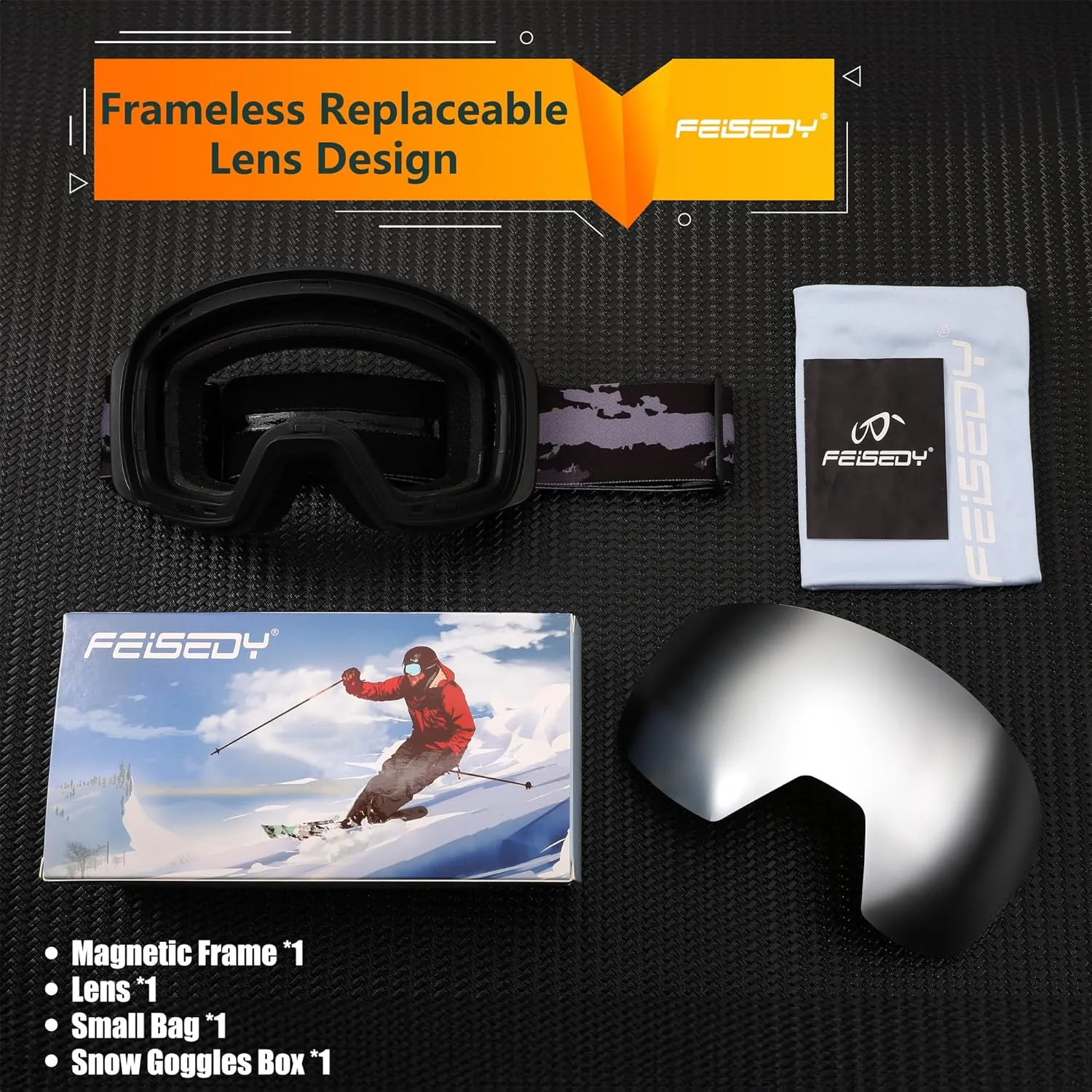 FEISEDY Magnetic Ski Goggles for Men Women Youth Frameless Snow Goggles 100% UV Protection Snowboard Goggles B0020