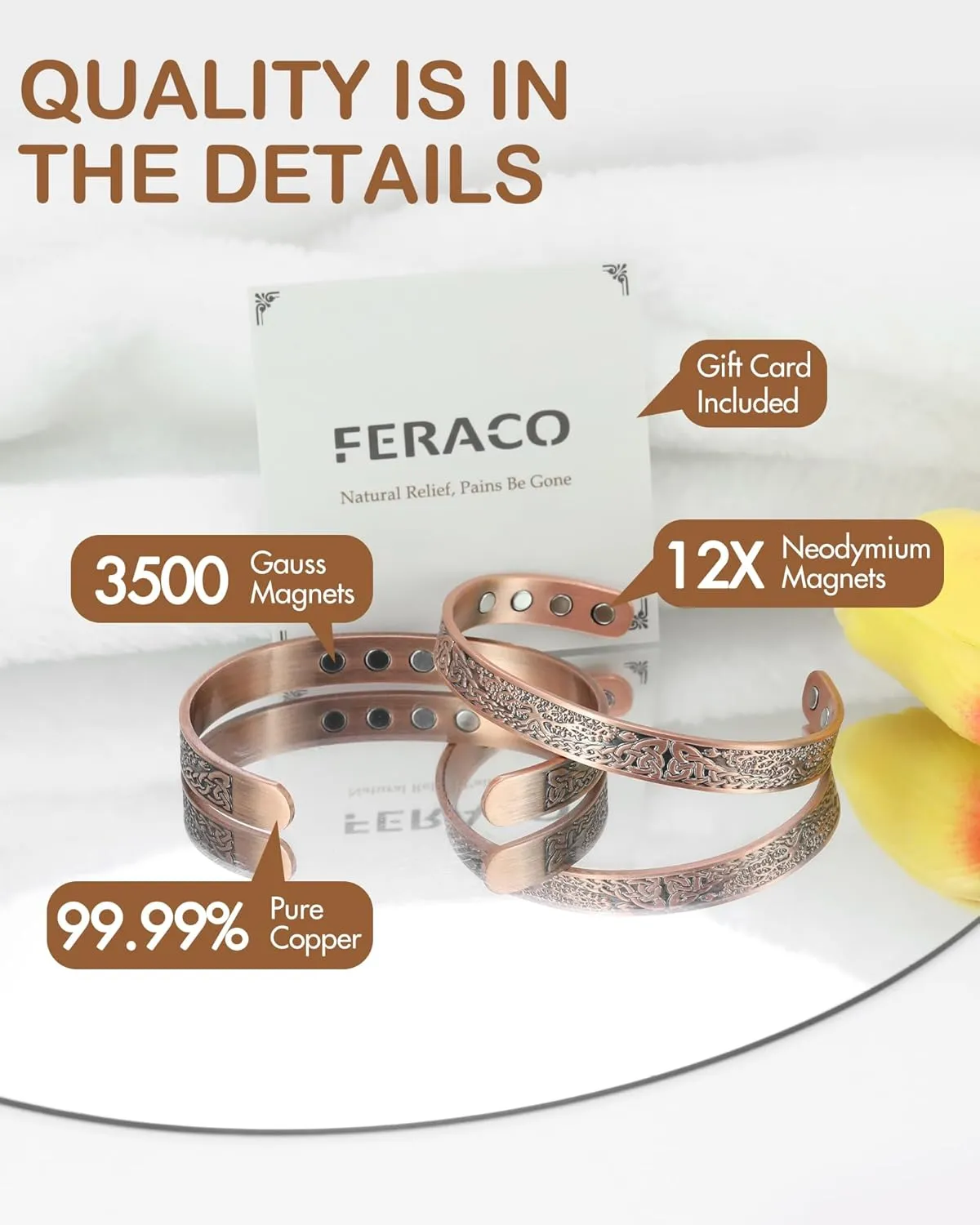 Feraco Copper Bracelet for Women, Ultra Strength Magnetic Bracelets, 99.99% Pure Copper Cuff Bangle with 3500 Gauss Neodymium Magnets, Tree of Life