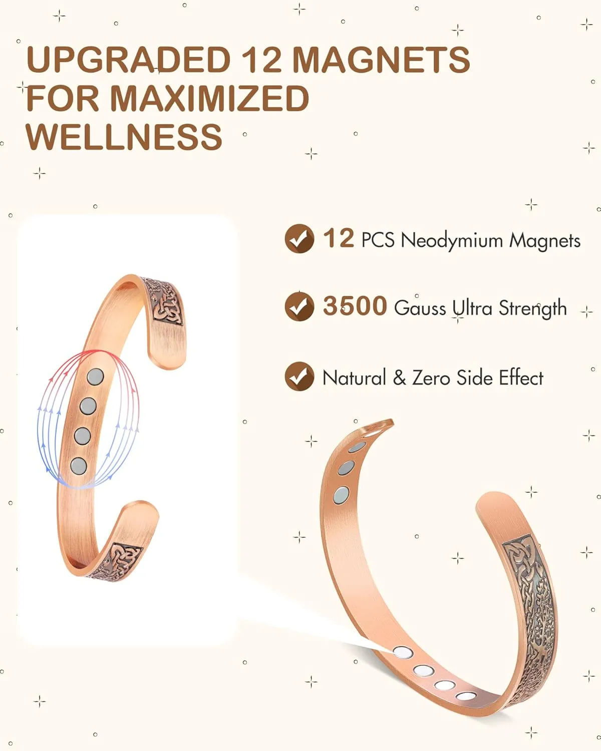 Feraco Copper Bracelet for Women, Ultra Strength Magnetic Bracelets, 99.99% Pure Copper Cuff Bangle with 3500 Gauss Neodymium Magnets, Tree of Life