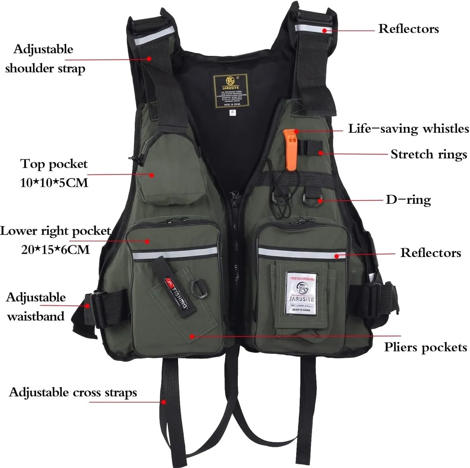 Fishing Jackets with Adjustable Shoulder Waist, Whistle for Paddle Boarding Kayaking Snorkel