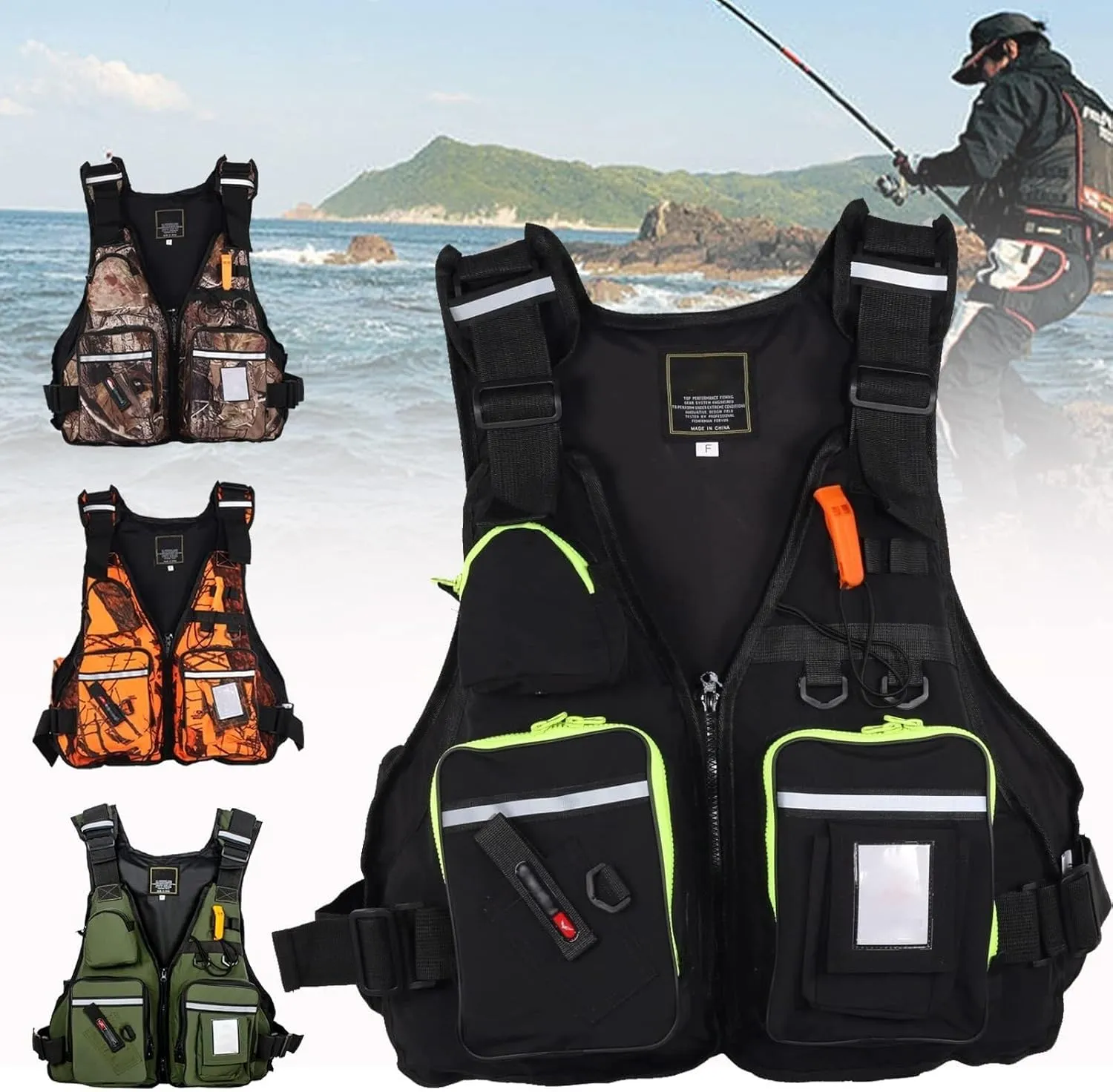 Fishing Jackets with Adjustable Shoulder Waist, Whistle for Paddle Boarding Kayaking Snorkel